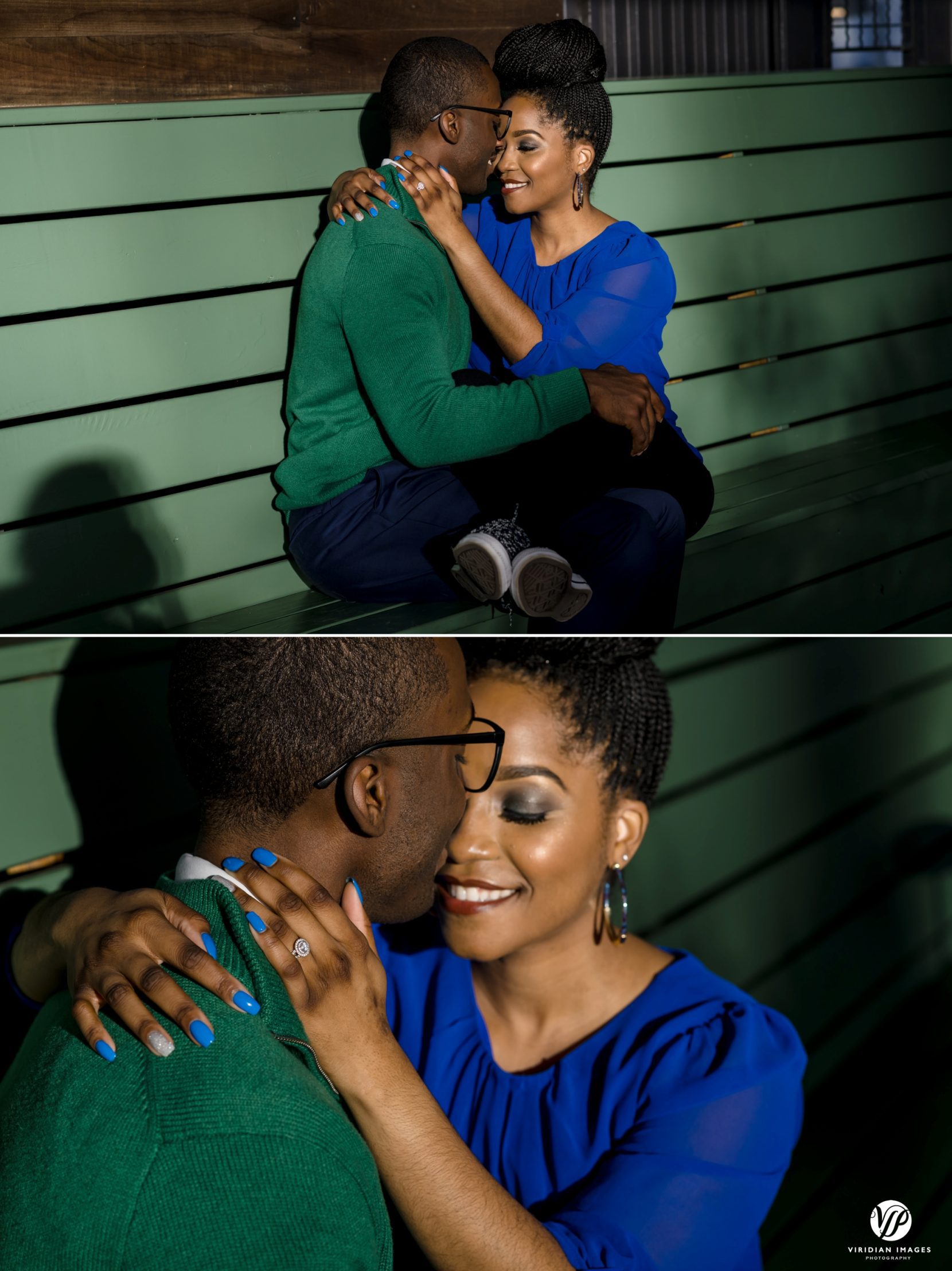 Couple sitting on green benches at Ponce City Market during engagement session detail ring shot