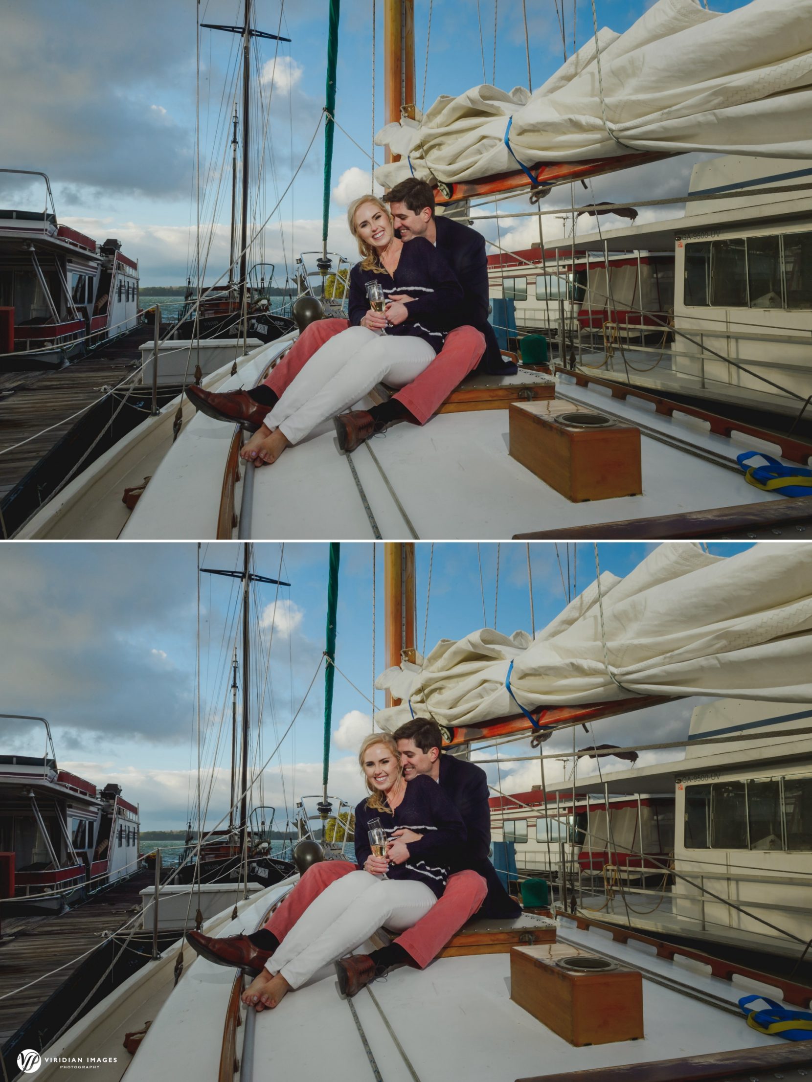 Couple enjoying some snuggle time on sailboat after docking at marina