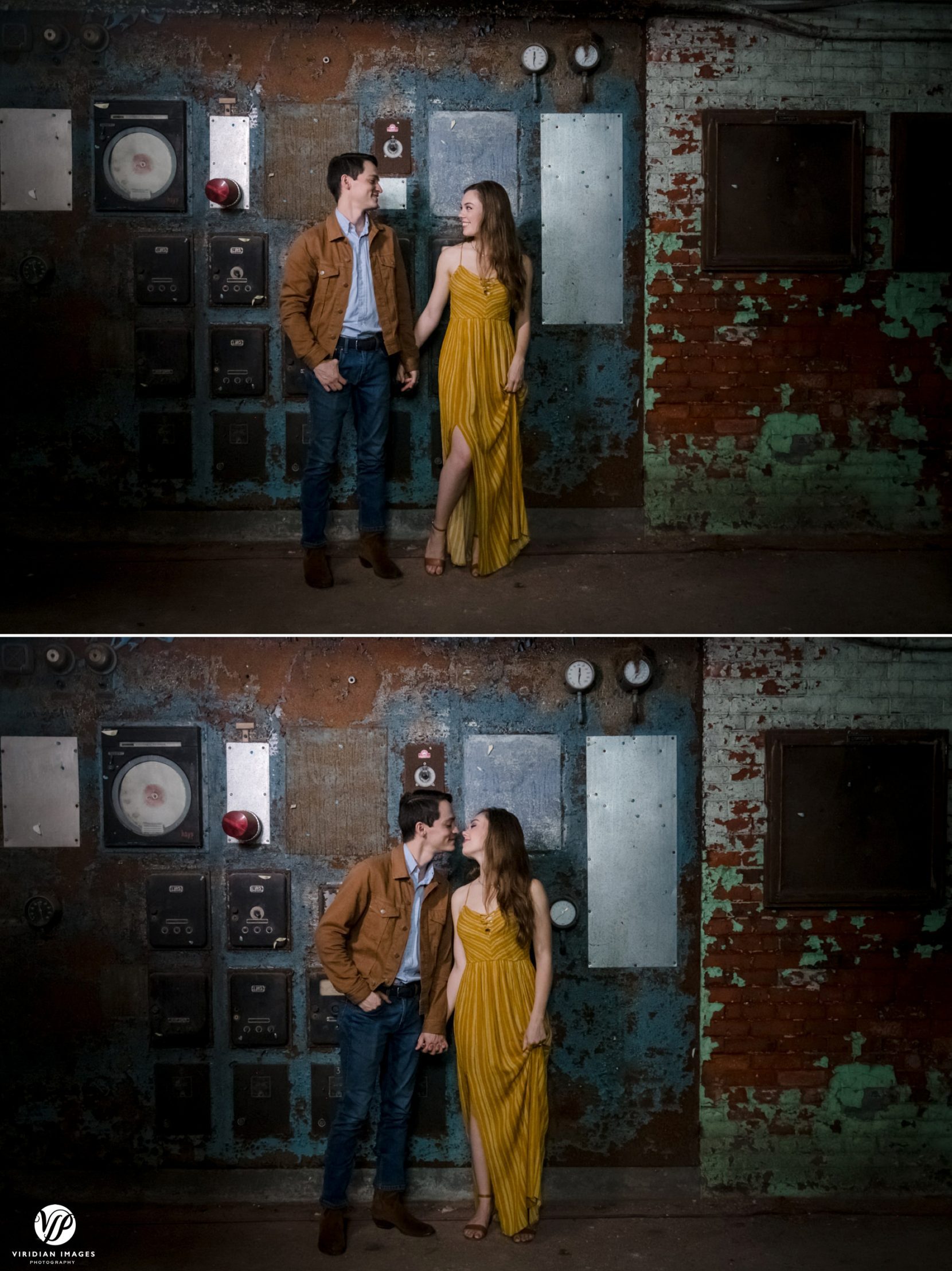 couple holding hands in front of rusted factory equipment at Lindale Mill