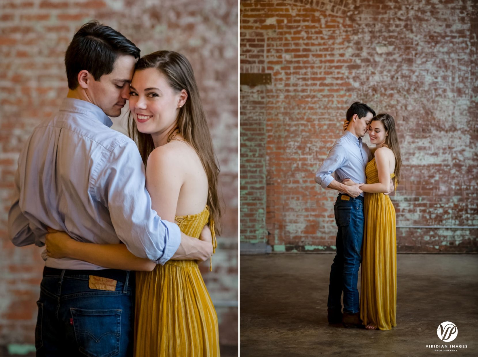 couple hugging in front of brick wall at Lindale Mill