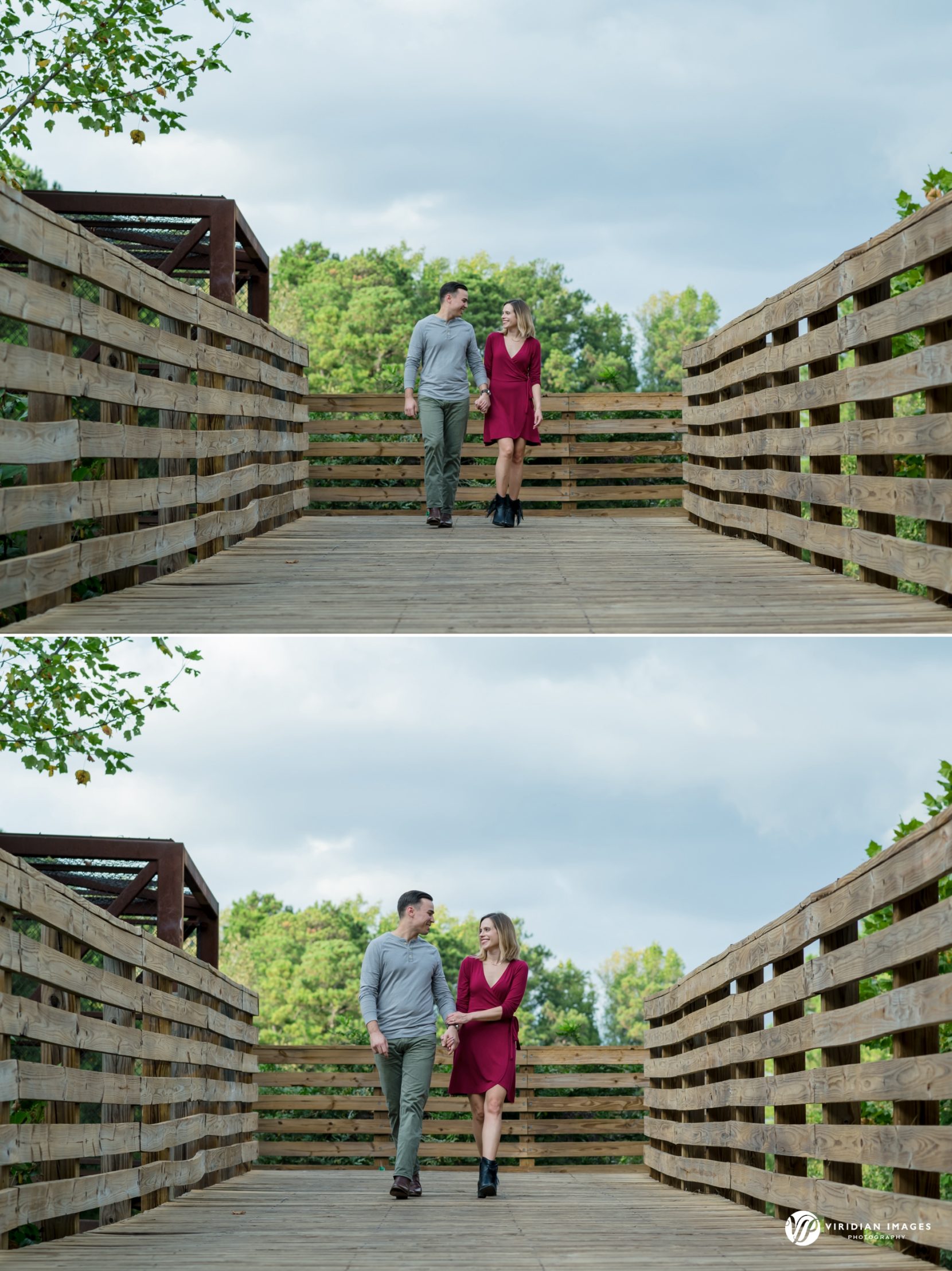 couple walking along wood boardwalk raspberry dress and booties