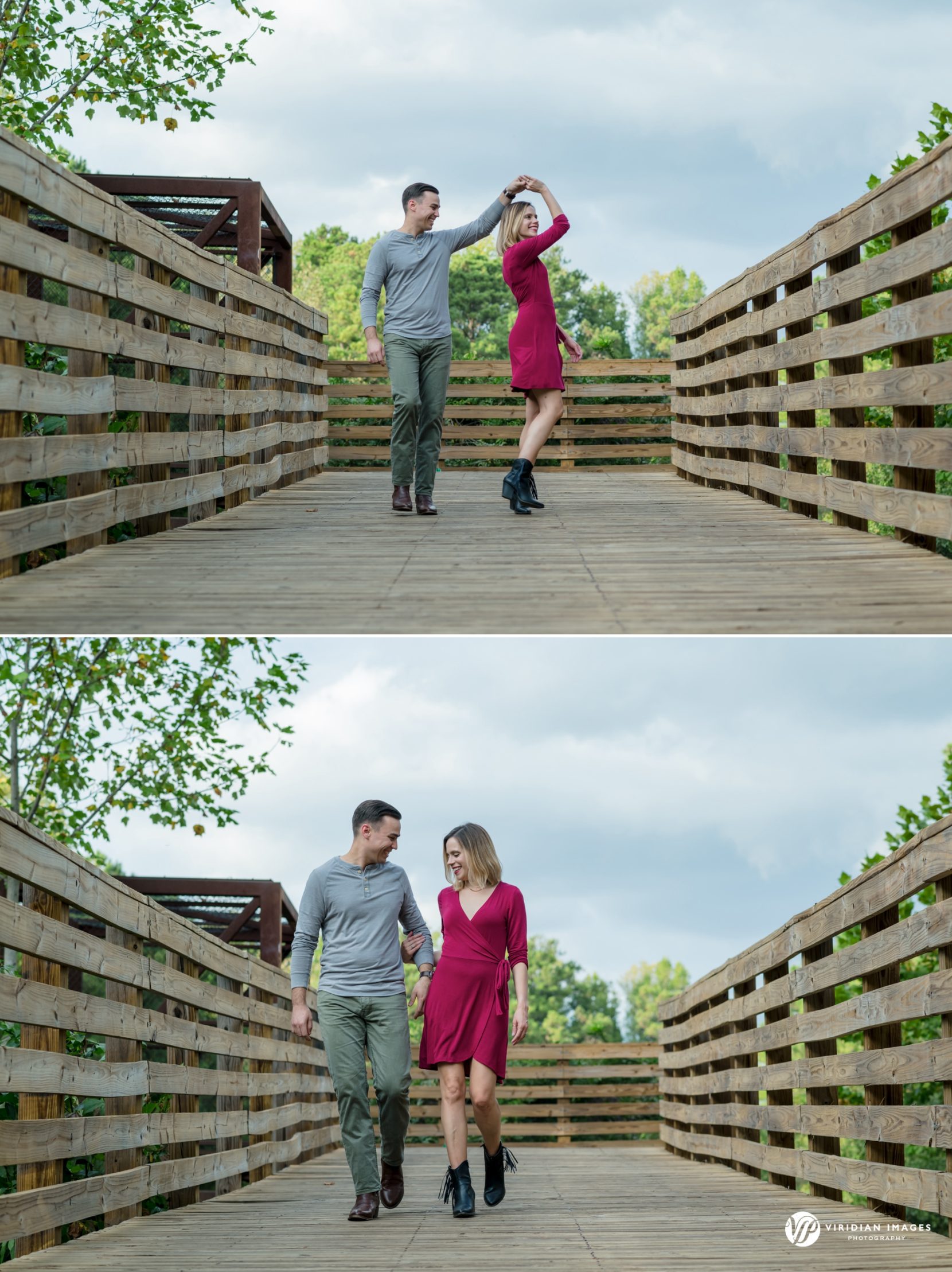 couple walking and twirling on wood boardwalk for engagement session