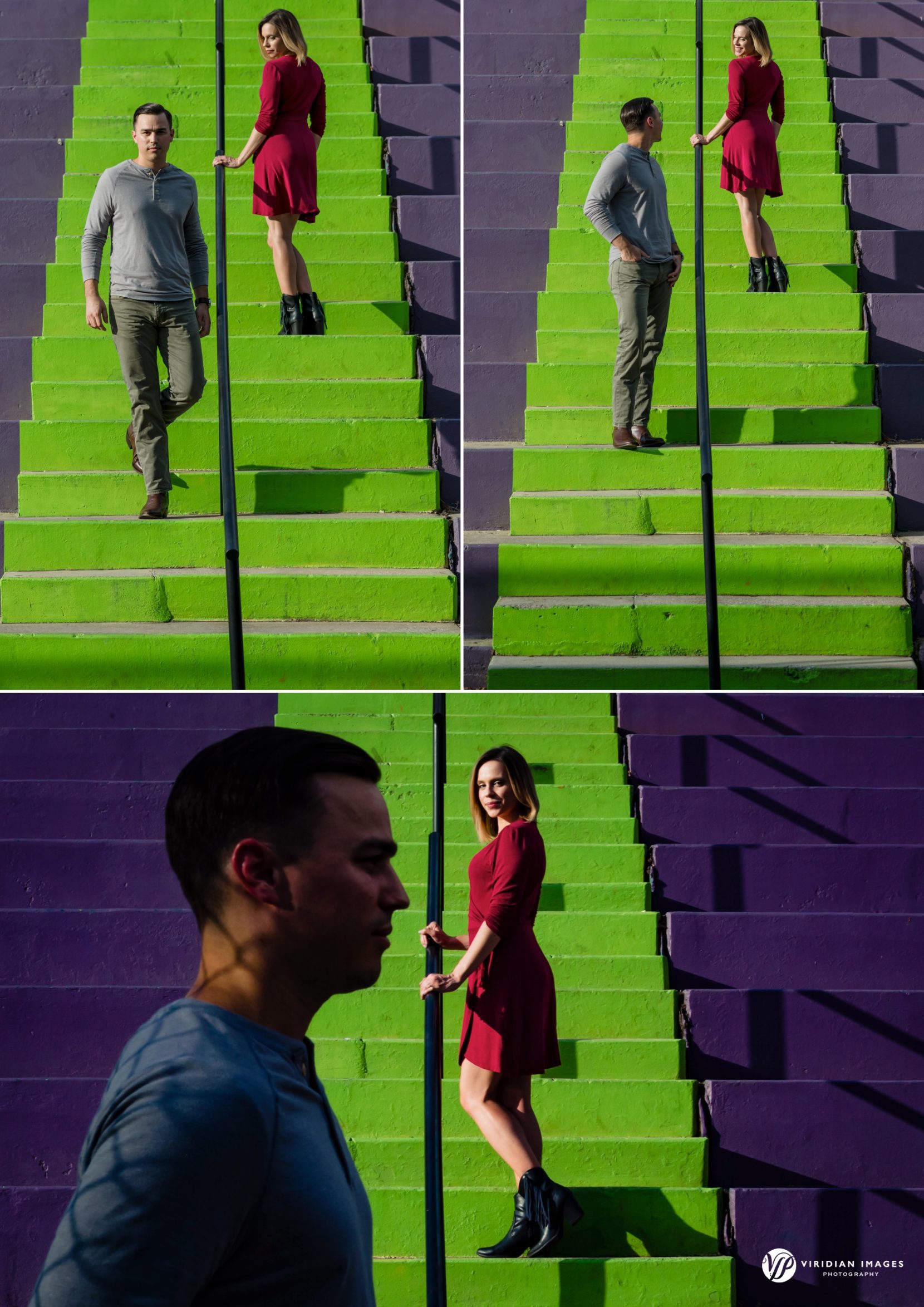 couple flirting on purple and green steps of tennis center at Mason Mill Park Decatur, GA for engagement session photo