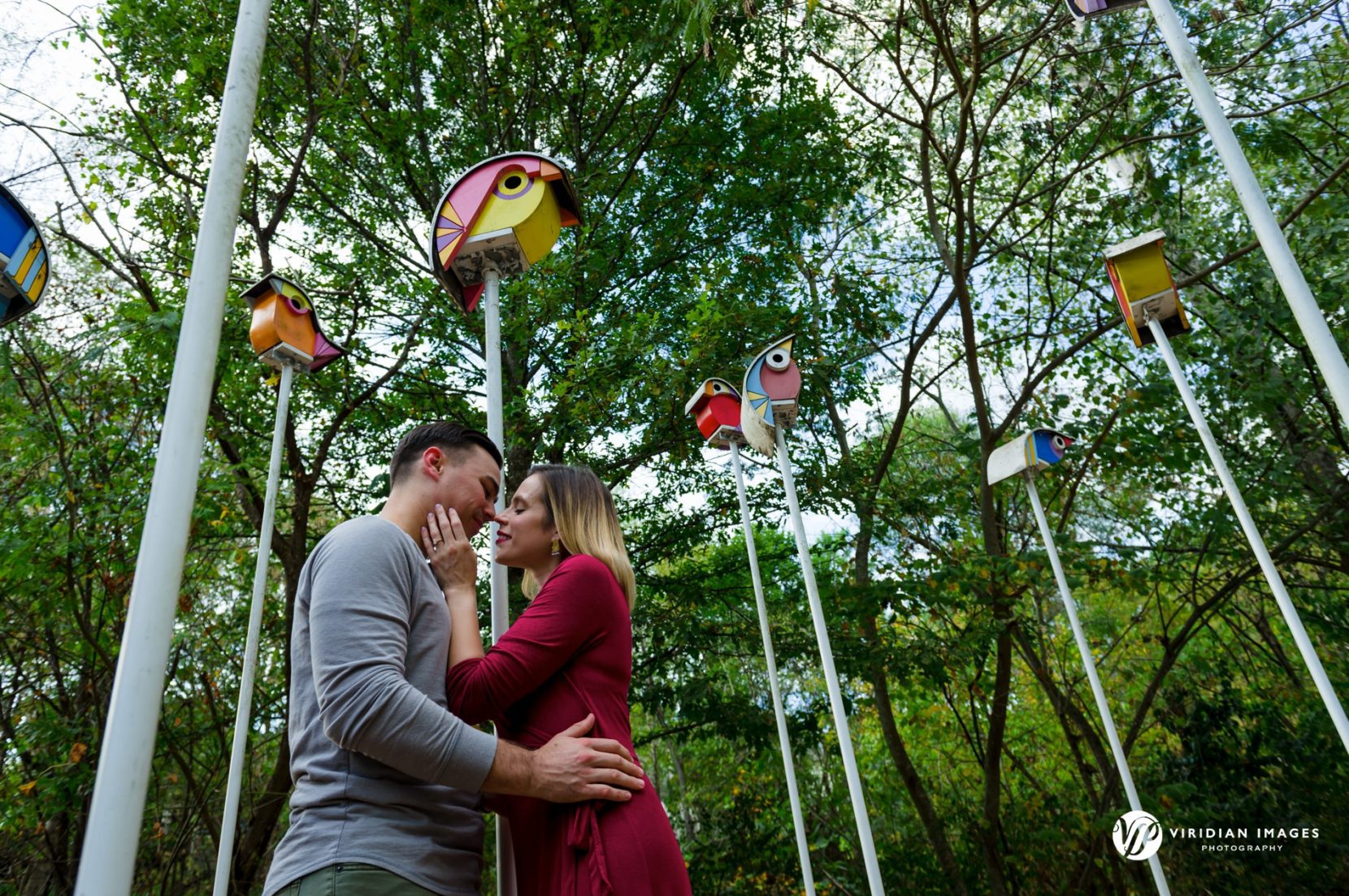 couple standing under art installation of colorful birds 