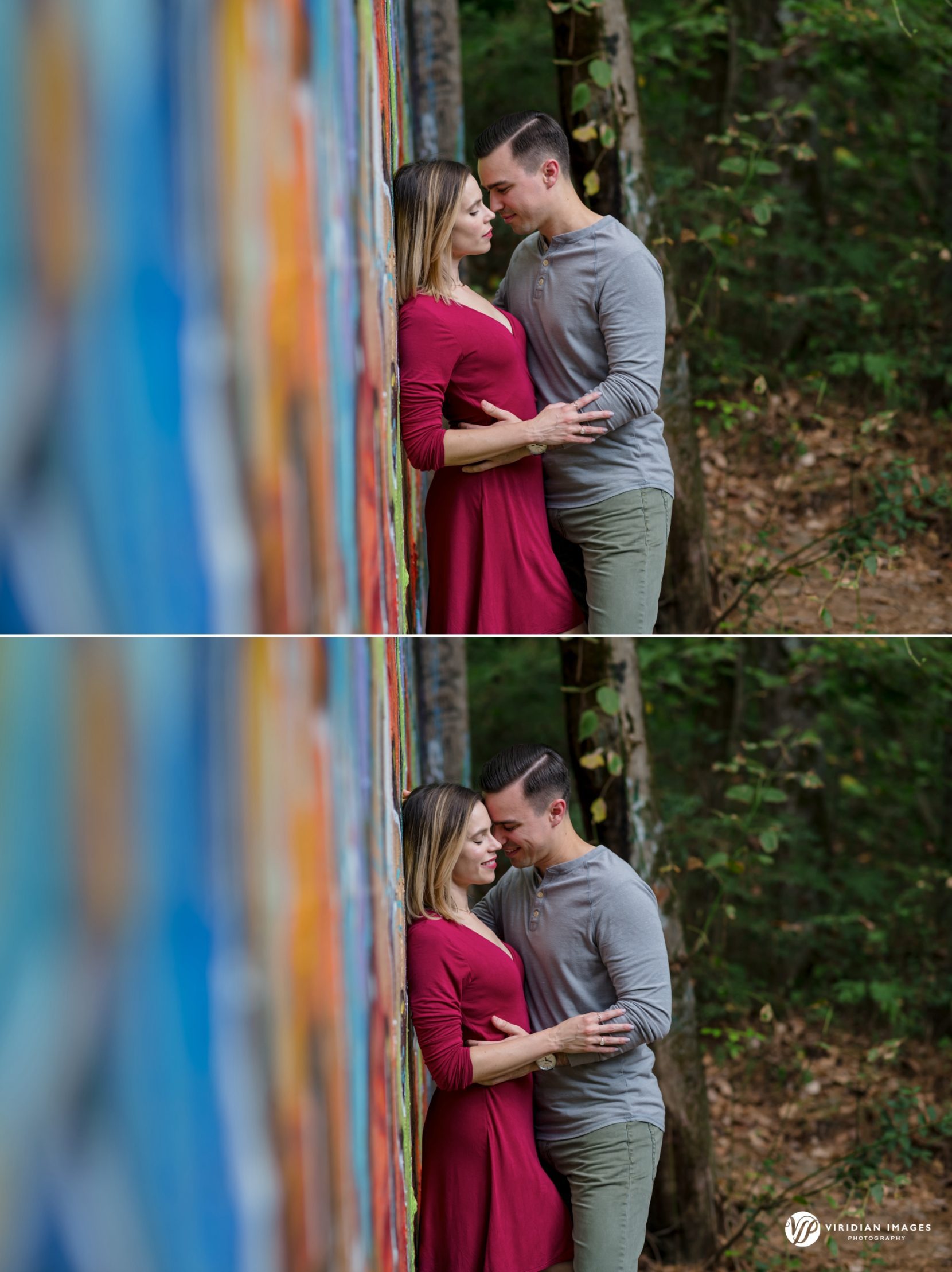 romantic and intimate moment with couple embracing against graffiti wall at Mason Mill Park, Decatur, GA for engagement session