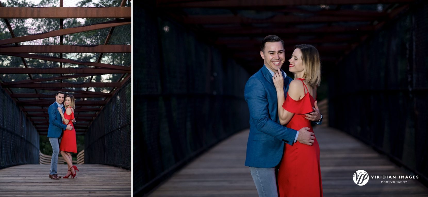mason mill park engagement portrait session. red dress and blue shirt and jacket.