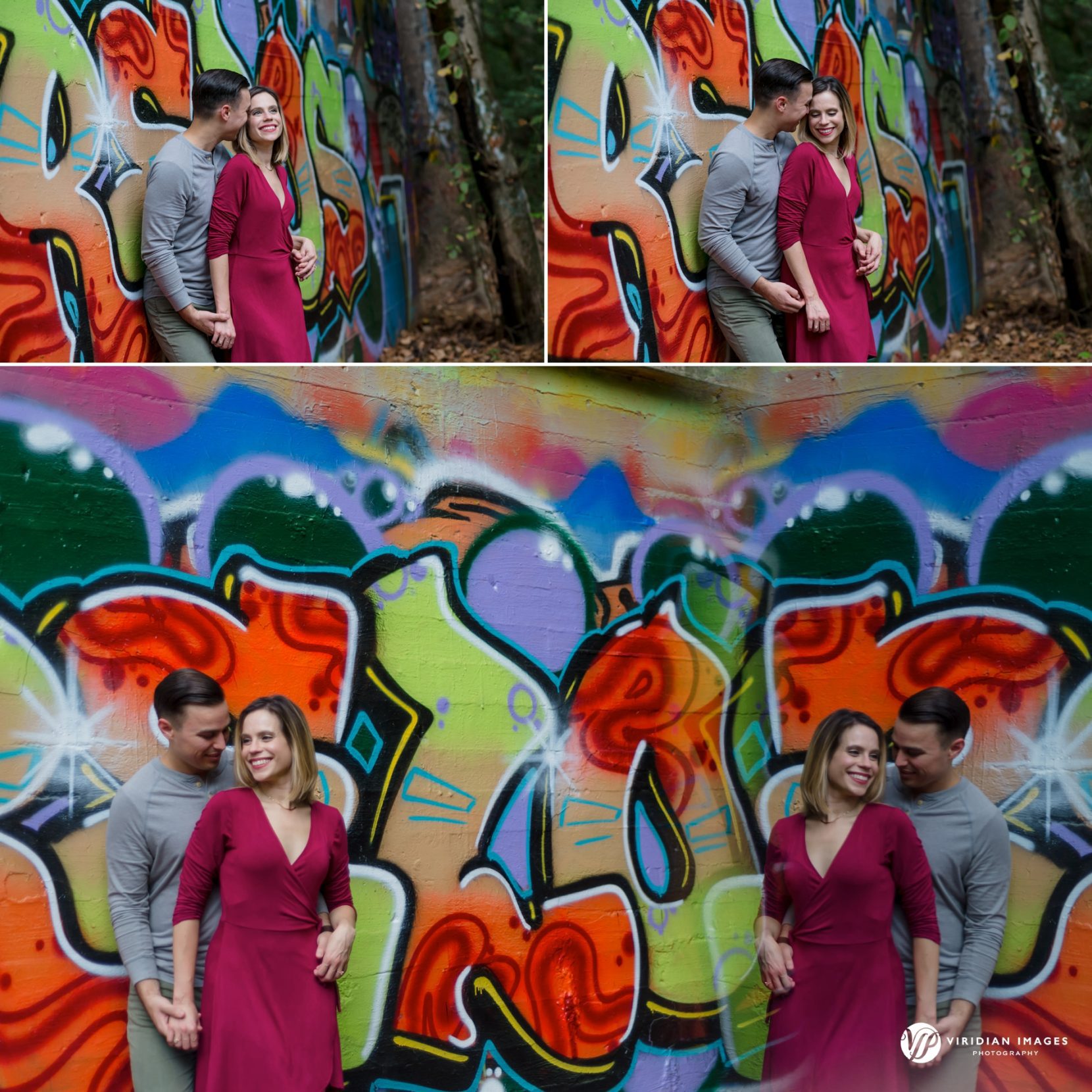 couple playing in front of graffiti wall and use of reflection