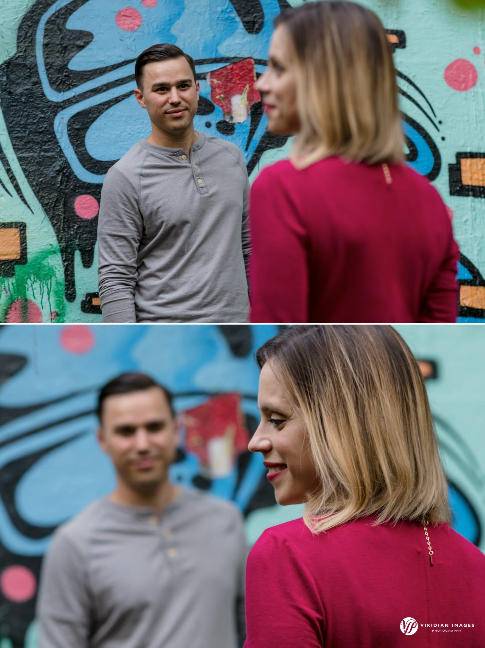 photo of couple apart with one looking at the other in front of graffiti wall at Mason Mill Park 