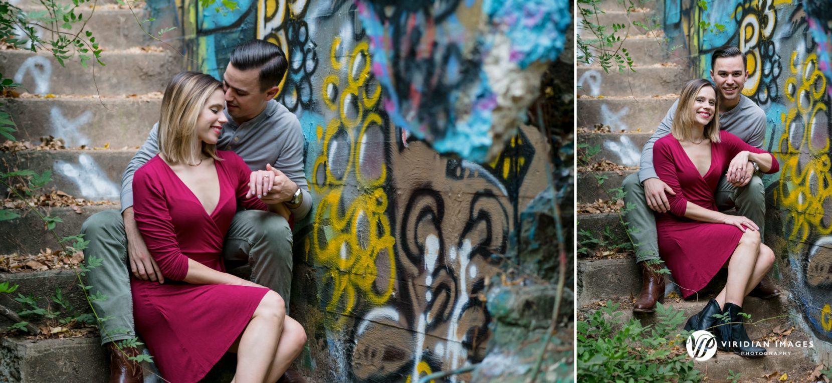 couple sitting on graffiti covered concrete stairs in Decatur, GA engagement session photo