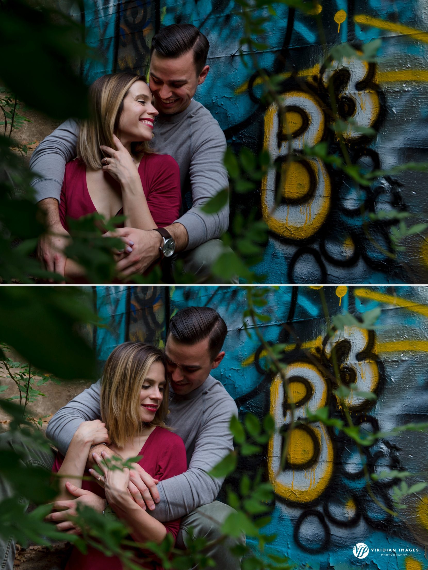 shoot through leaves of couple sitting on graffiti covered concrete stairs at Mason Mill Park Decatur GA 