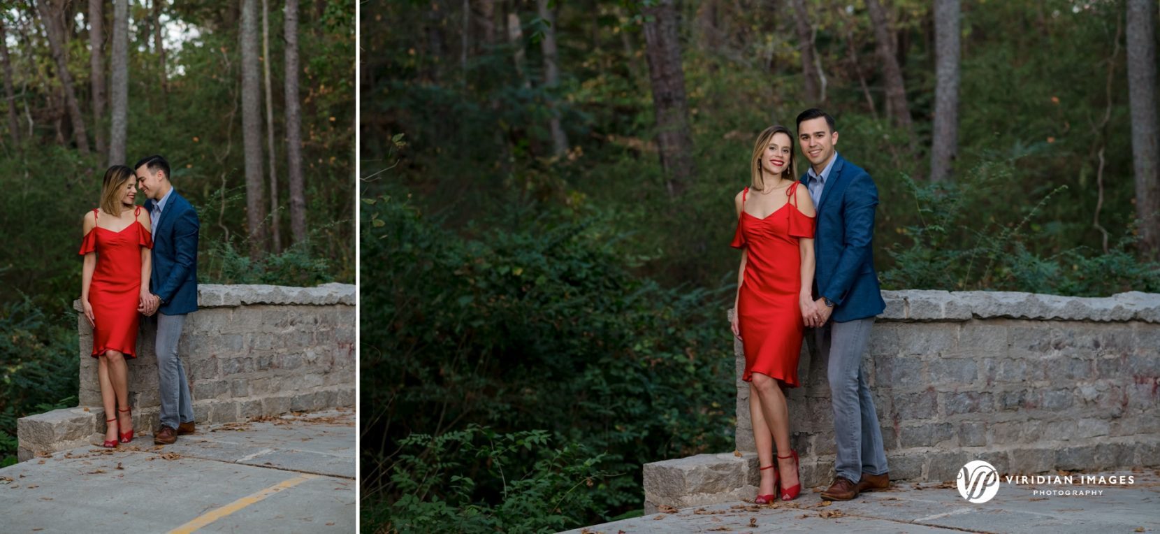 engagement session portraits red dress and blue suit