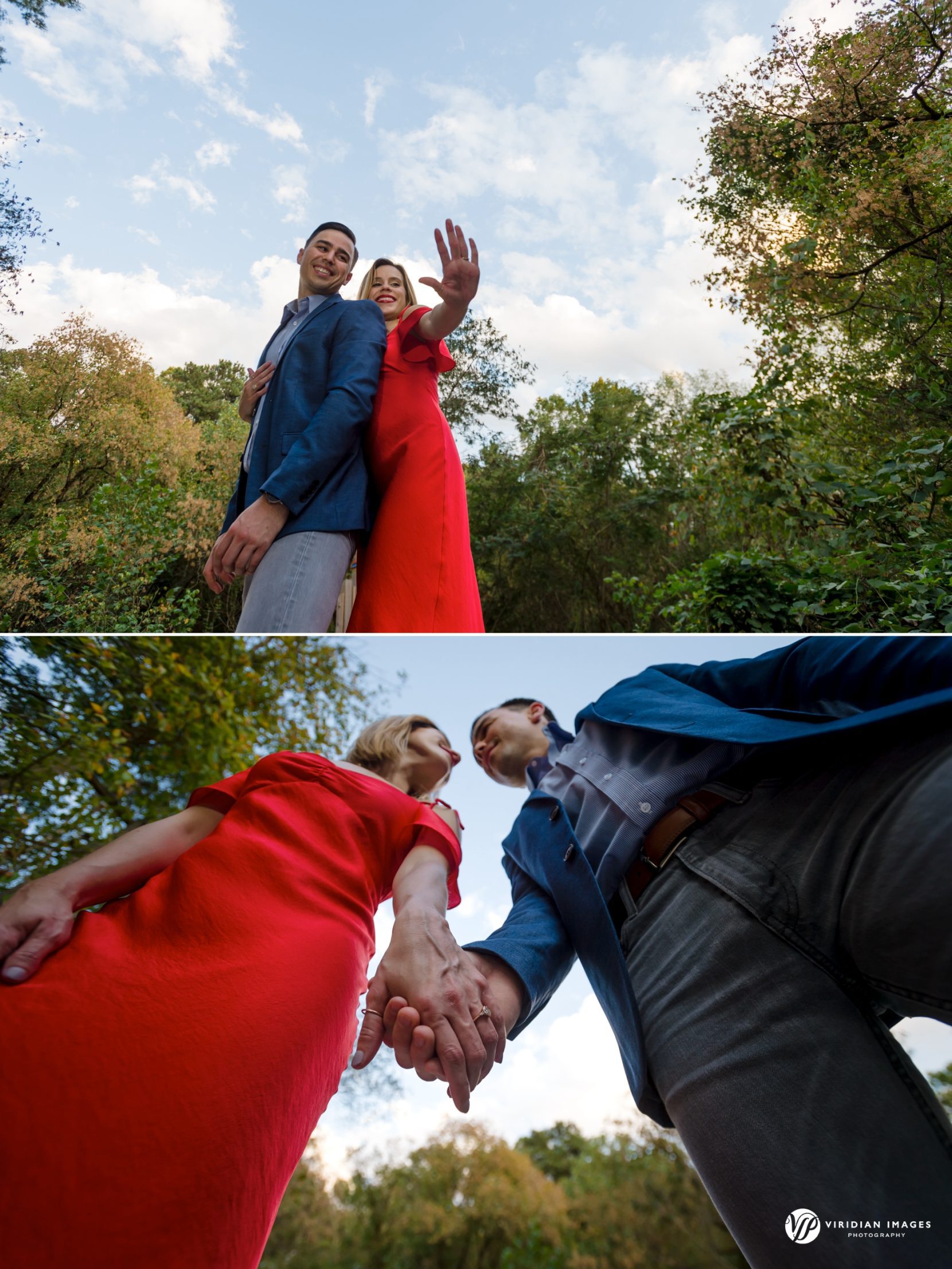 lower creative angle of couple showing off engagement ring 