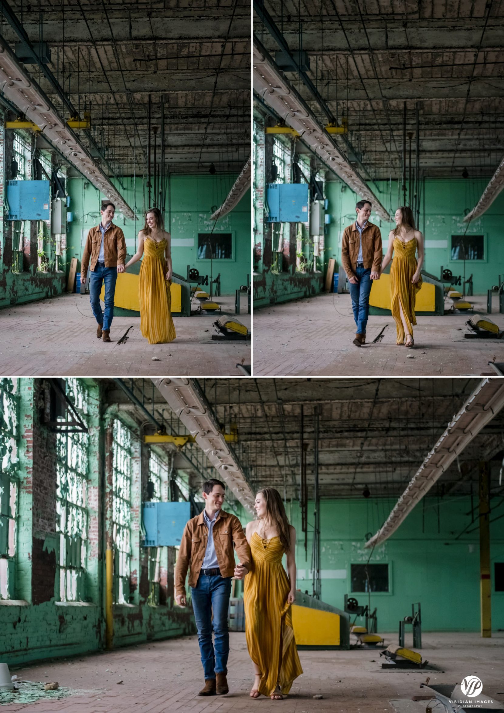 Engagement photo at Lindale Mill with couple holding hands and walking among factory ruins