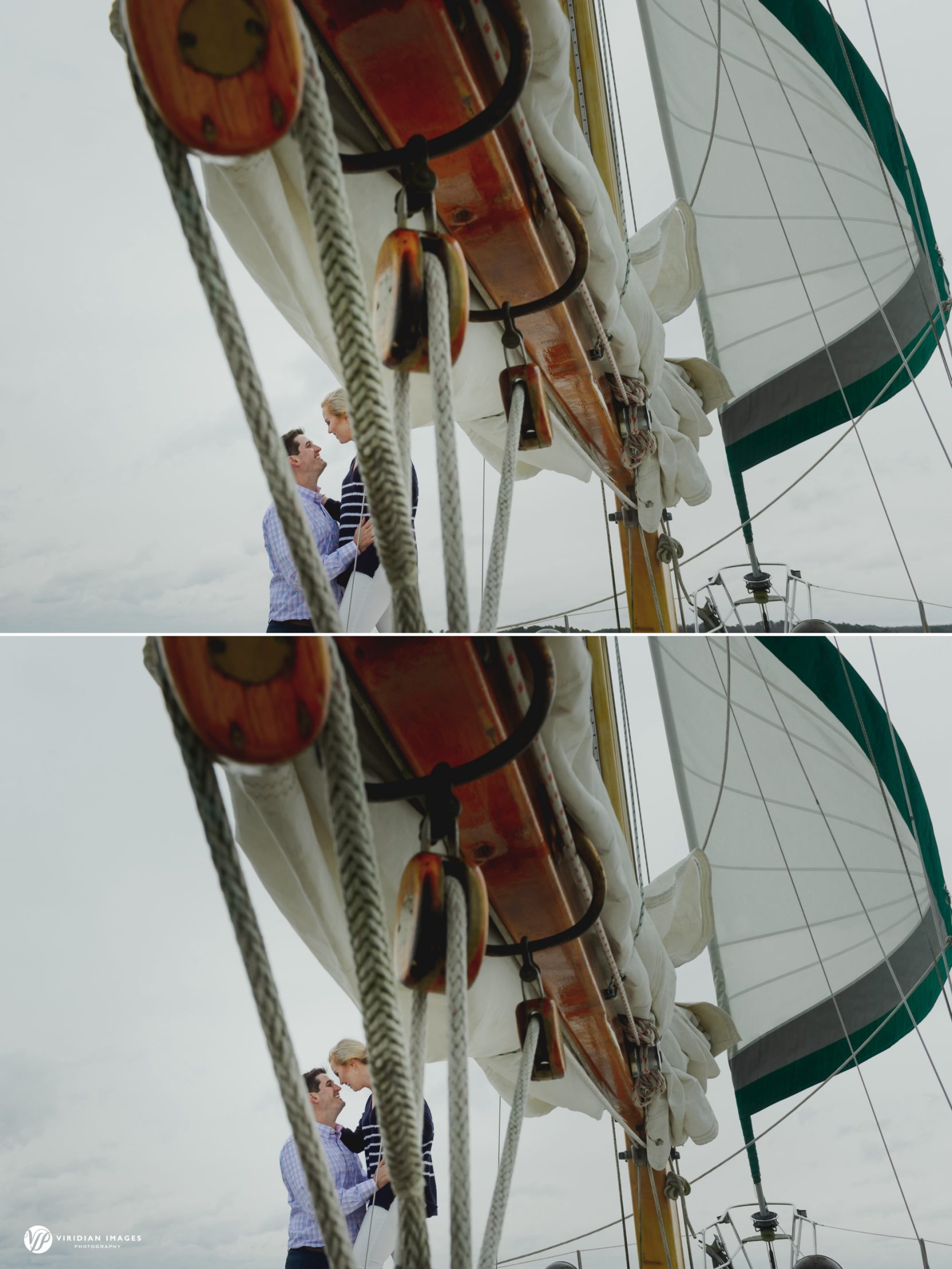 Romantic photo of couple through sail ropes during engagement photoshoot