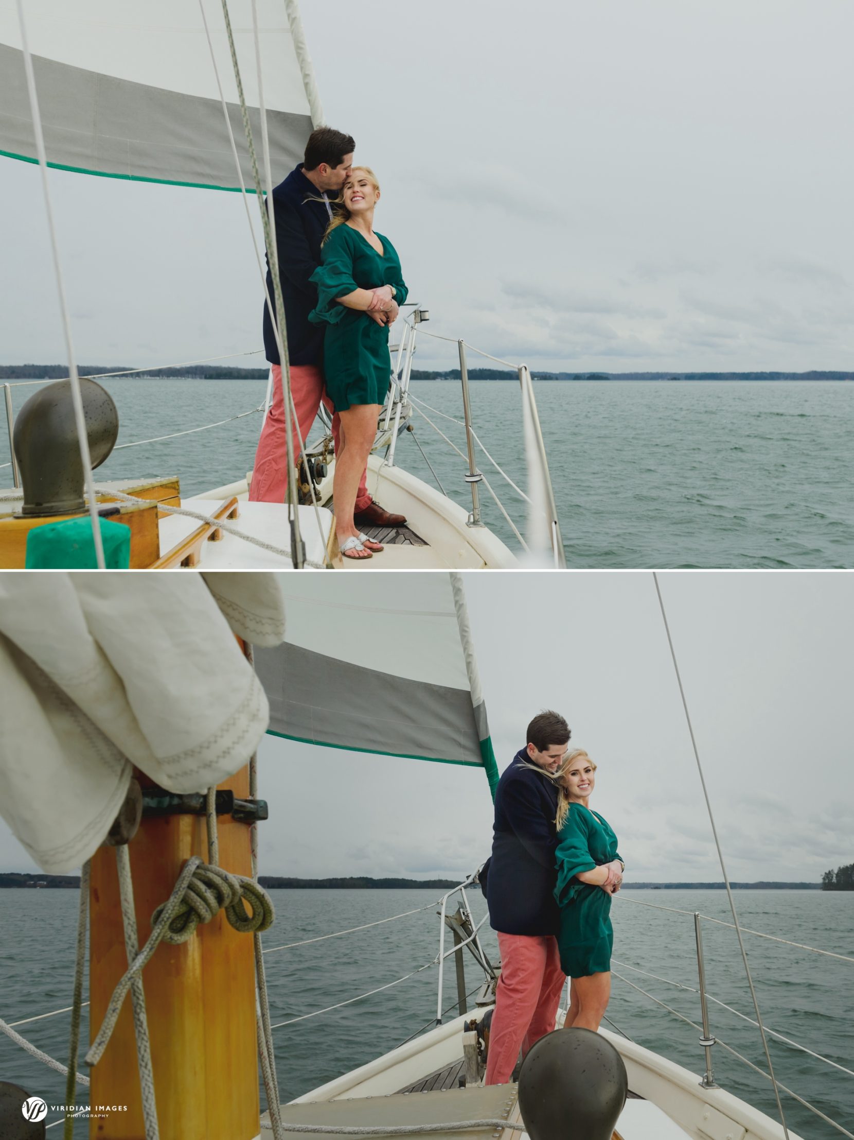 Couple keeping warm on top deck of sailboat 