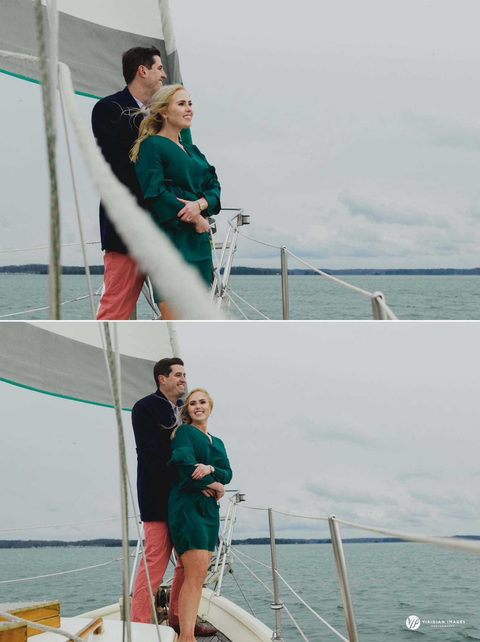 Couple cuddle to stay warm during winter engagement session on Lake Lanier