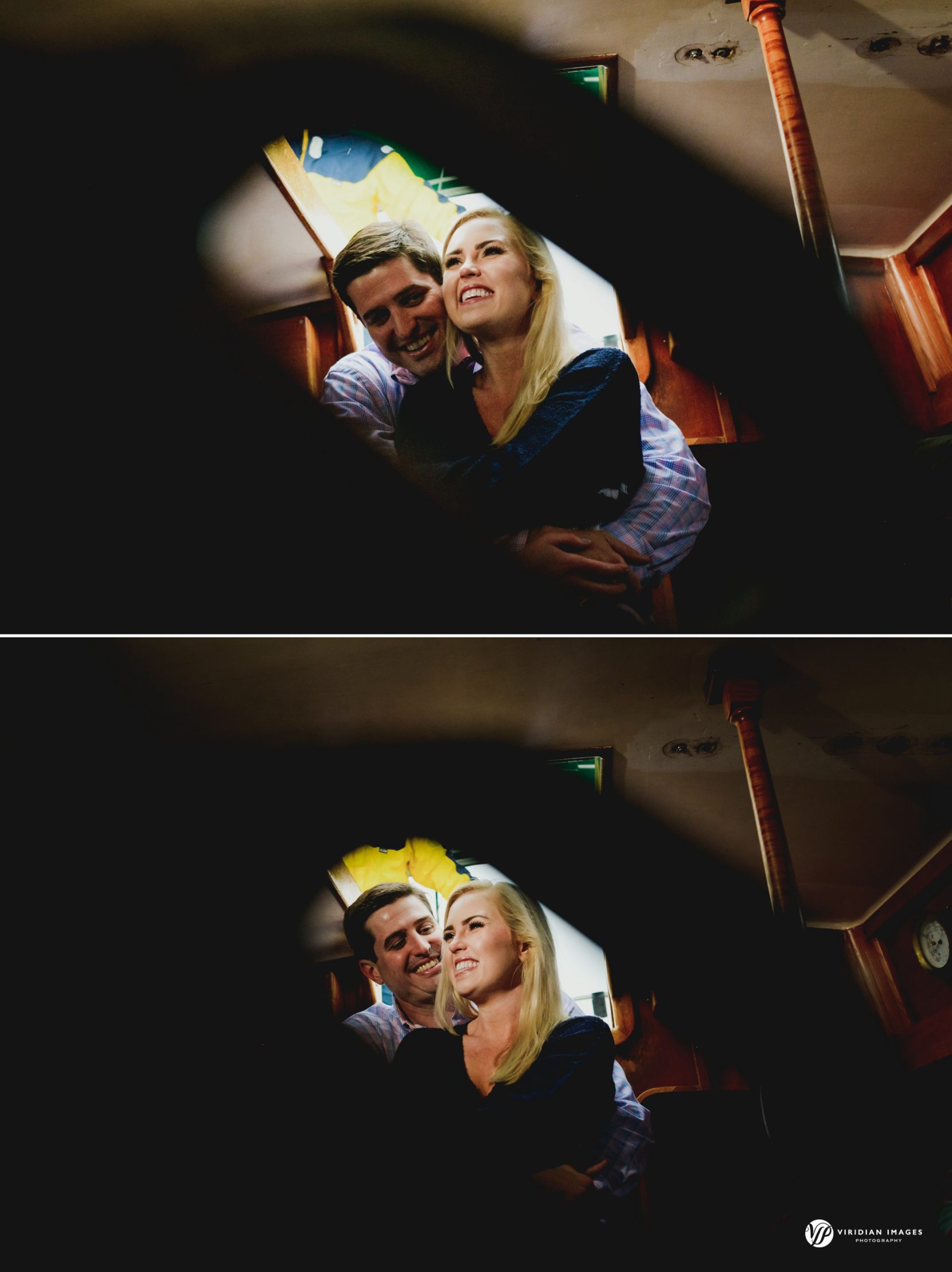 Warm hugs under deck of sailboat during winter engagement session on lake