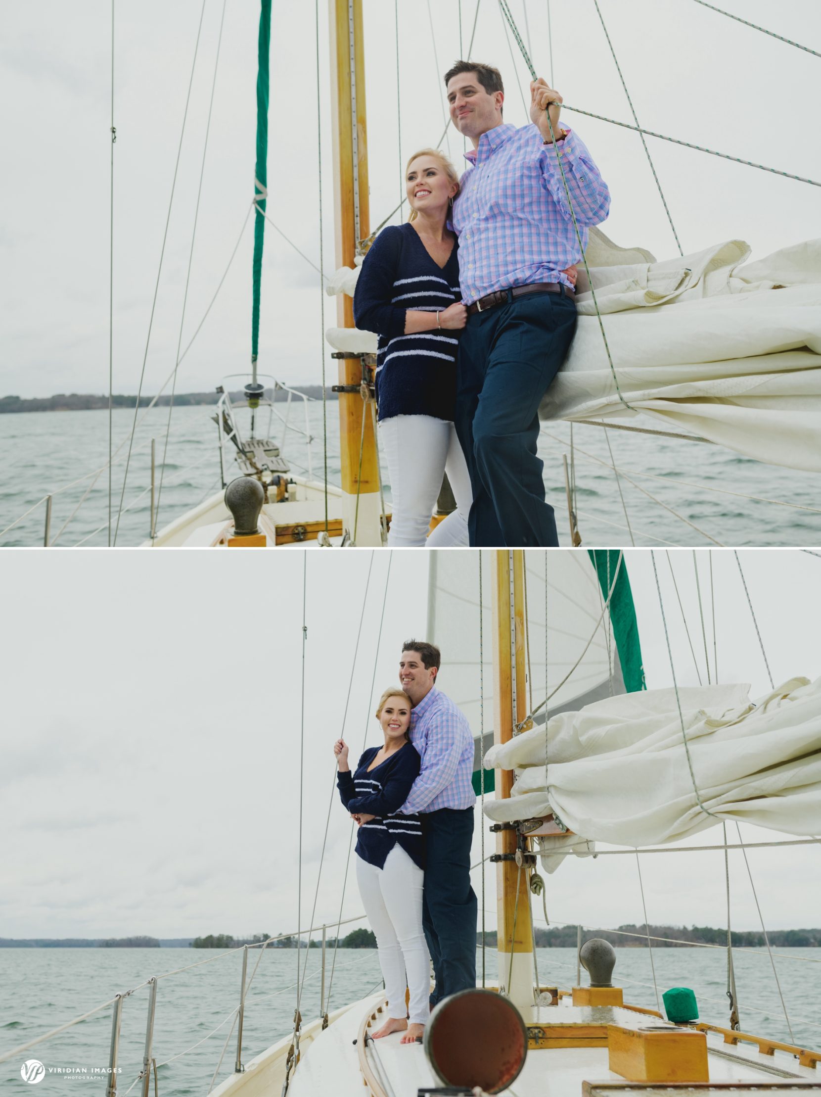 Couple sailing through a stormy winter engagement session on Lake Lanier