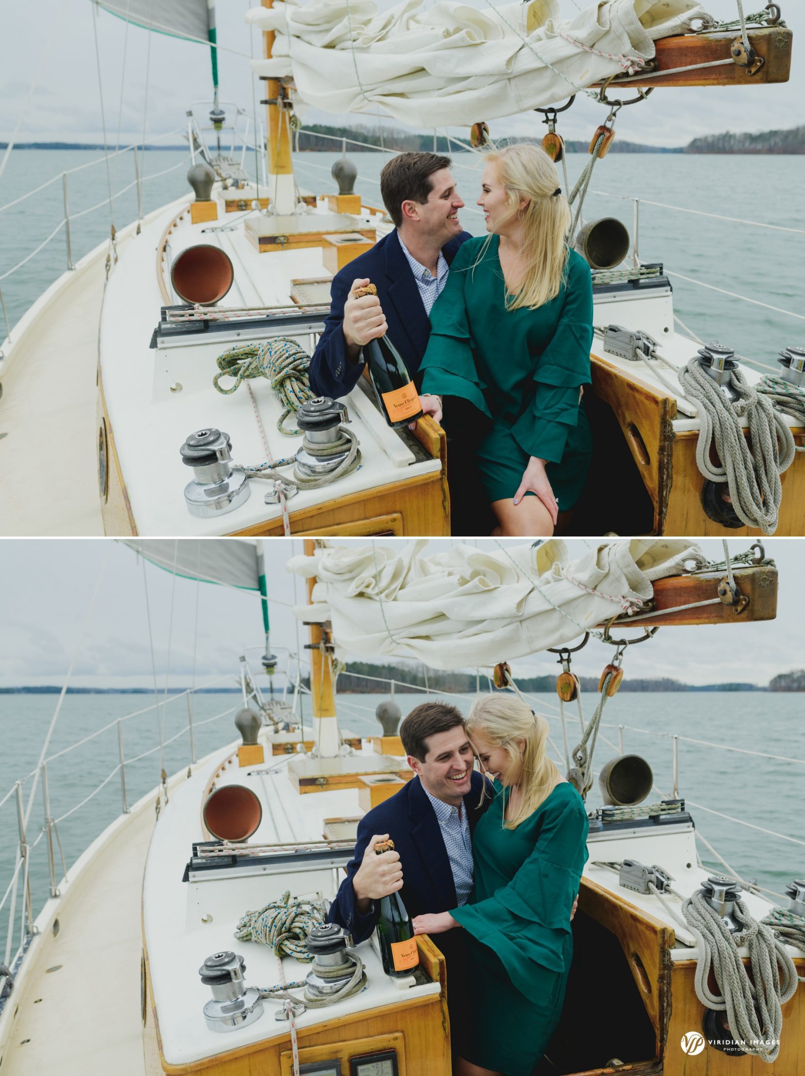 Engaged couple climbing up from below deck with champagne to celebrate during winter engagement session on lake
