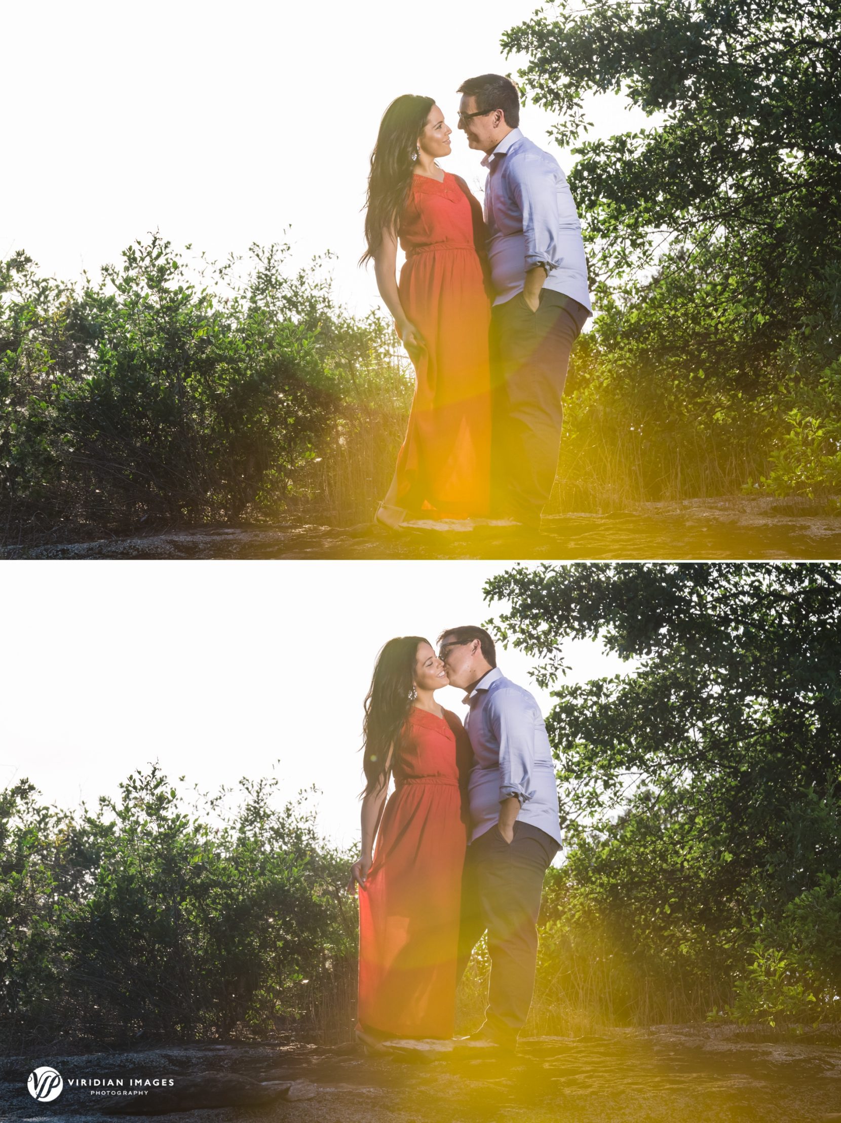 sun flare photo of engaged couple during photo session