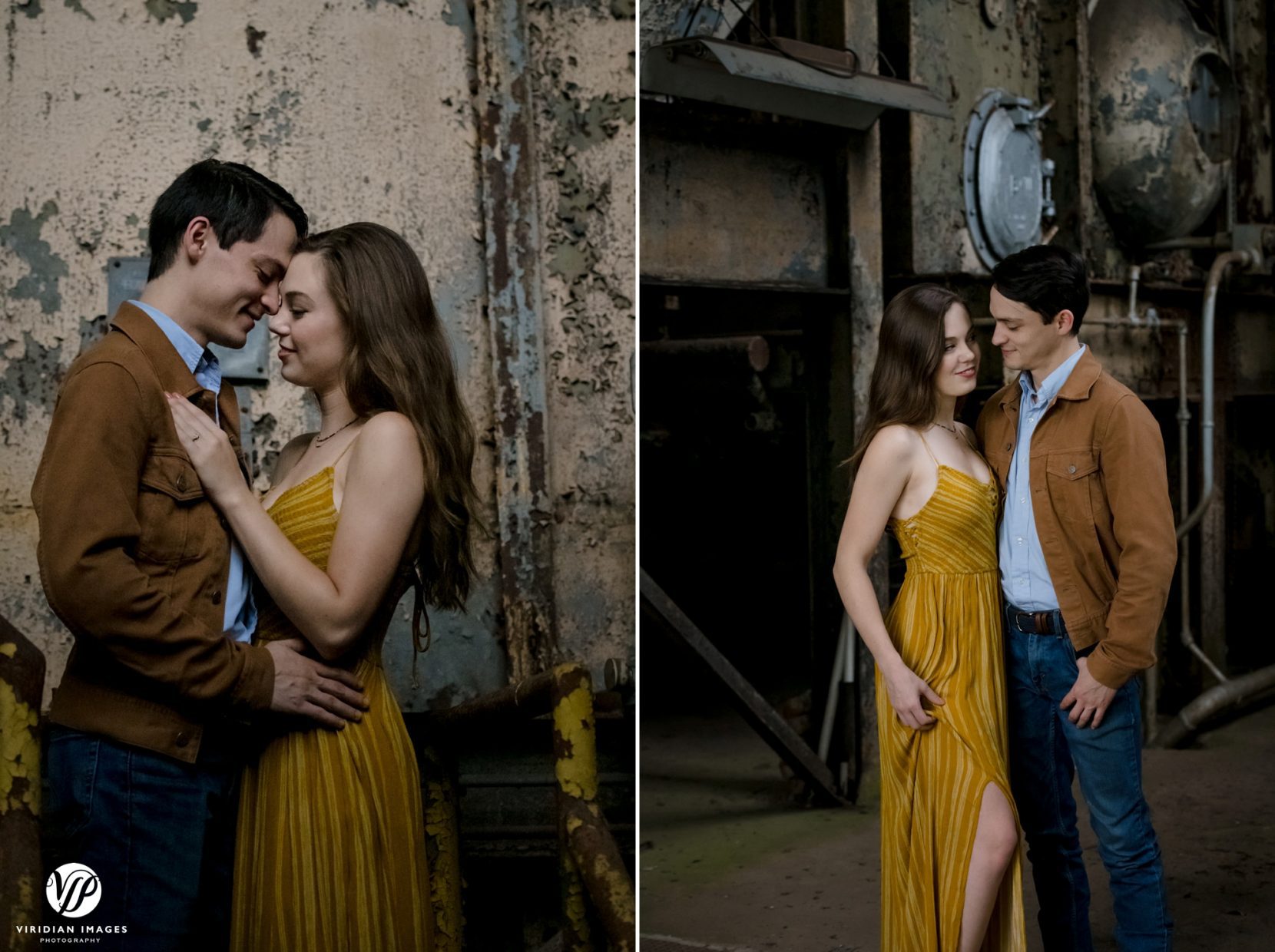couple embracing in front of metal clad pealed painted wall