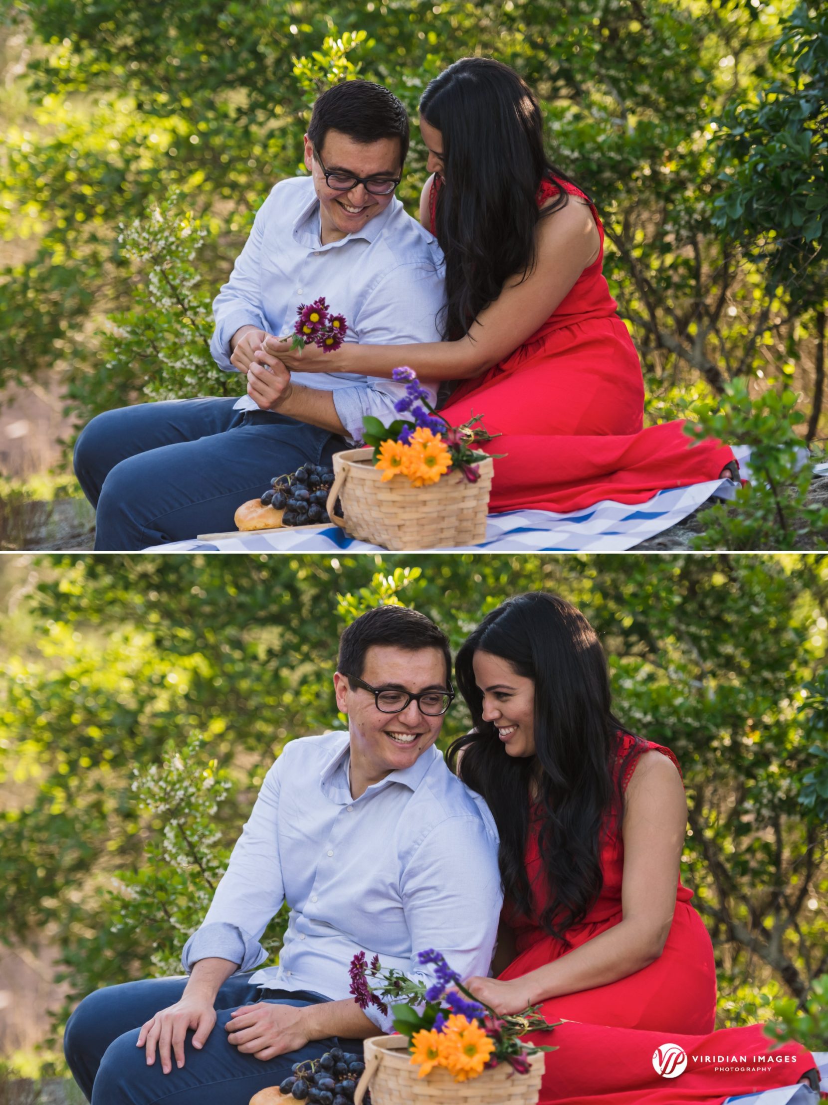 couple enjoying picnic against green bushes during engagement photoshoot