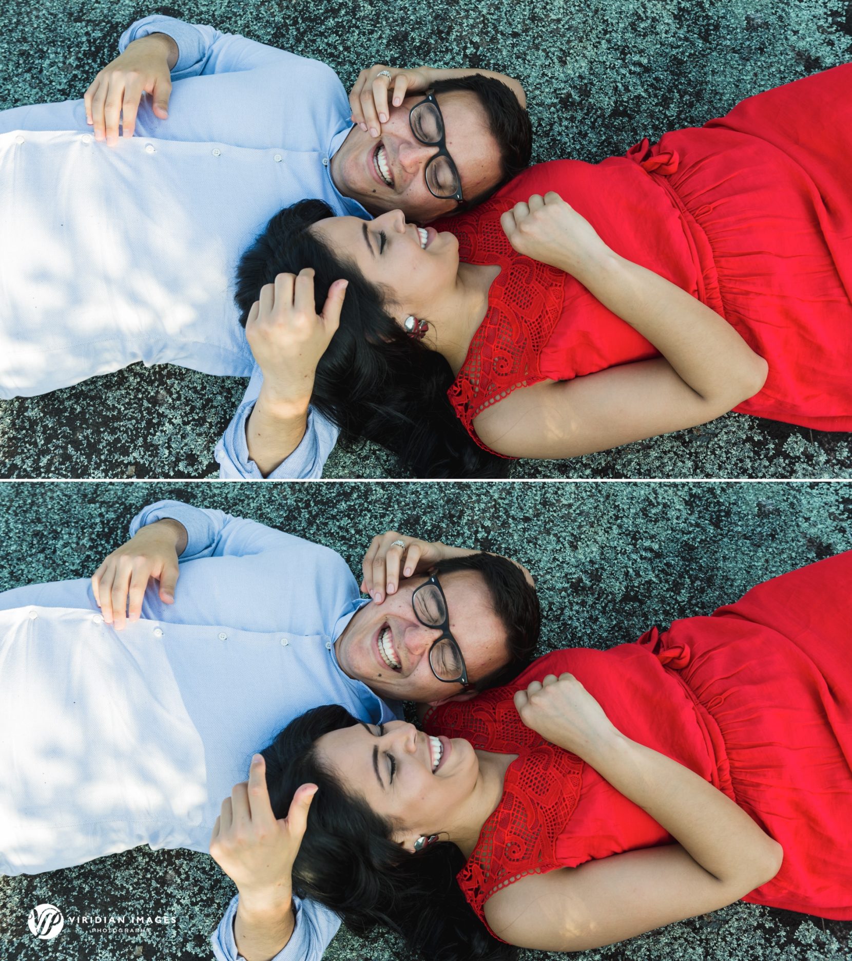 couple lying on granite rock on top of arabia mountain
