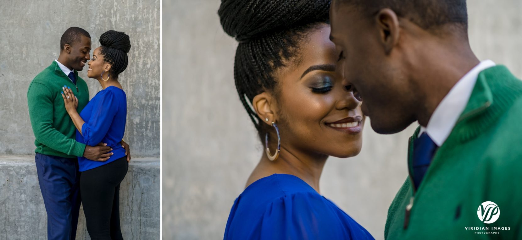 Couple smiling at each other in royal blue and green outfits on the Beltline