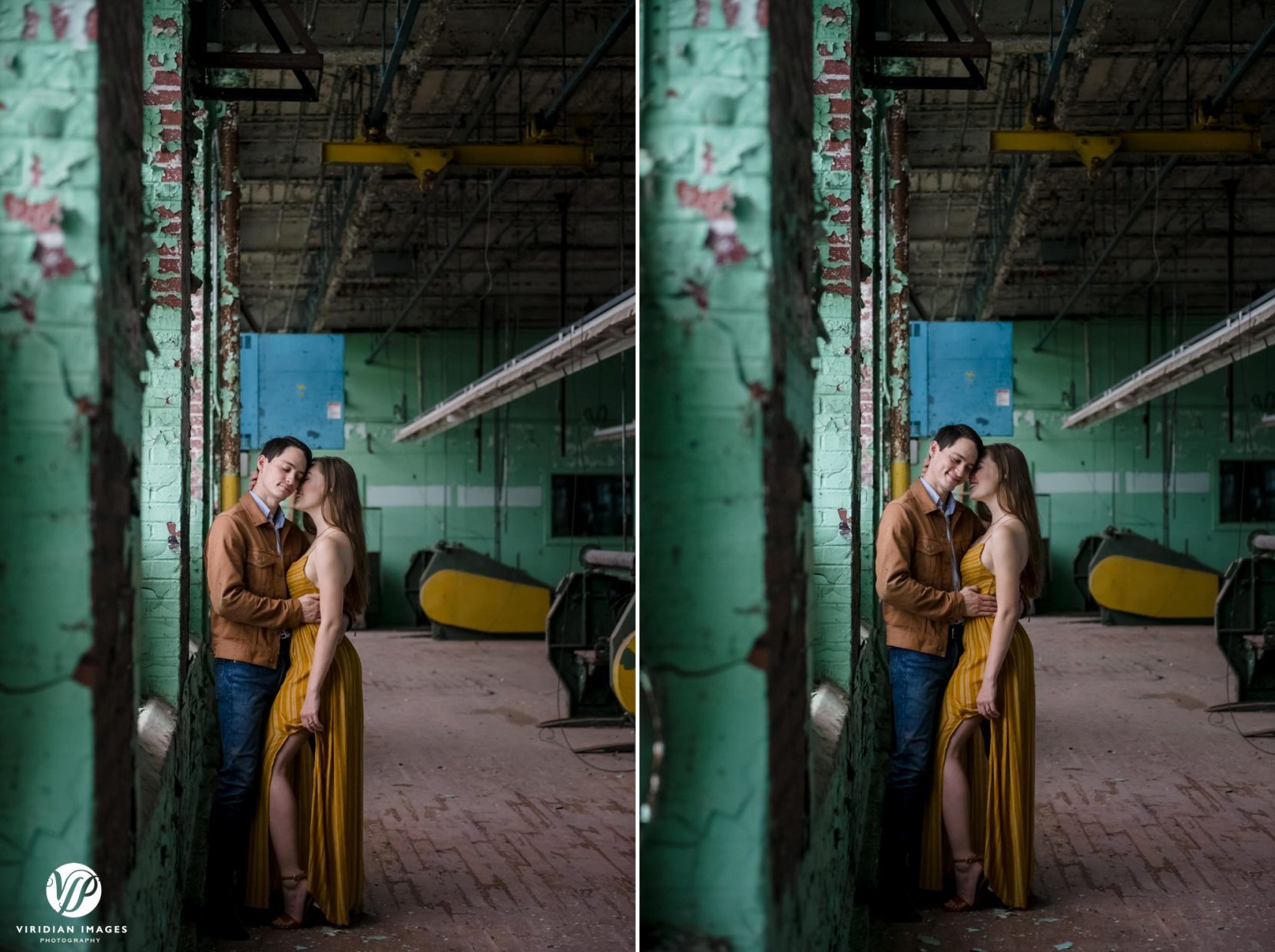 Romantic photo of couple kissing during engagement session at Lindale Mill