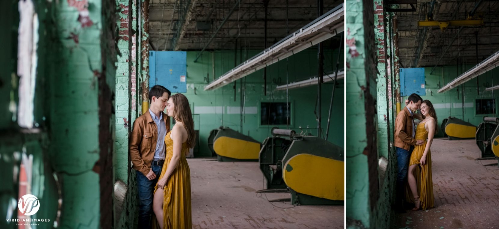 Romantic photo of couple leaning against broken windows among factory ruins