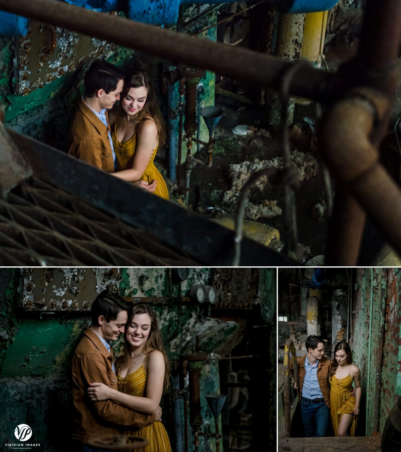 romantic couple embraces shot through rusted metal beams and peeled walls at Lindale Mill