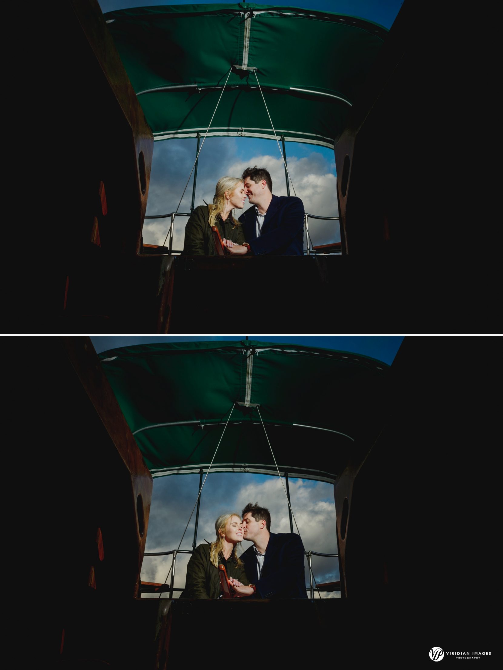 Romantic photo of couple during engagement session on Lake Lanier storm clouds breaking in background