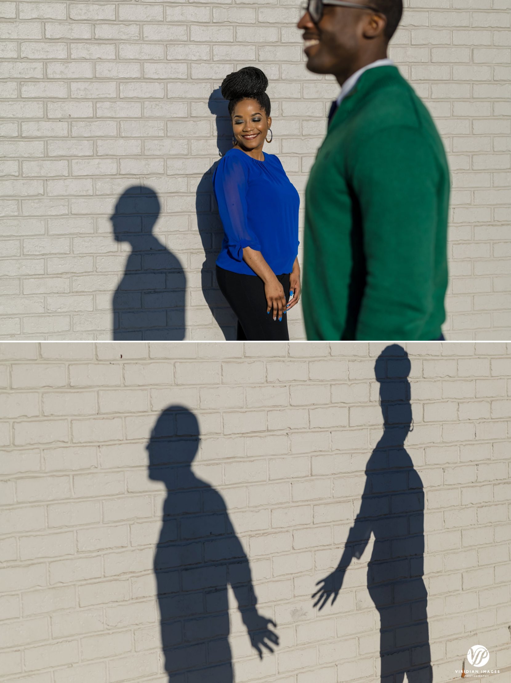 Playful engagement photo using shadows and brick walls in Atlanta's Beltline