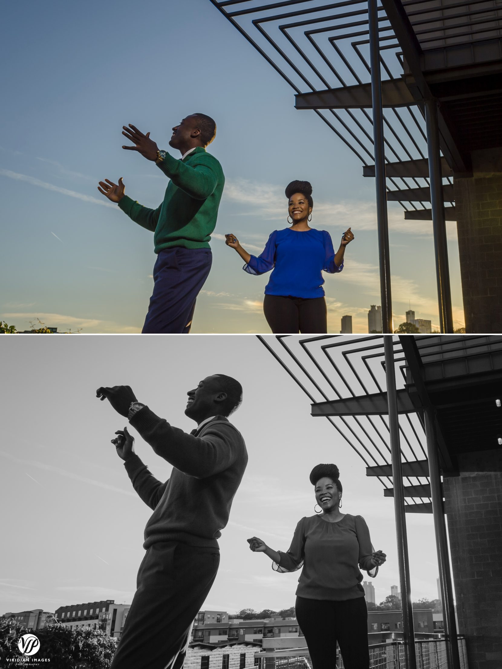 Gelyse and Jerome singing at sunset during their Atlanta engagement session