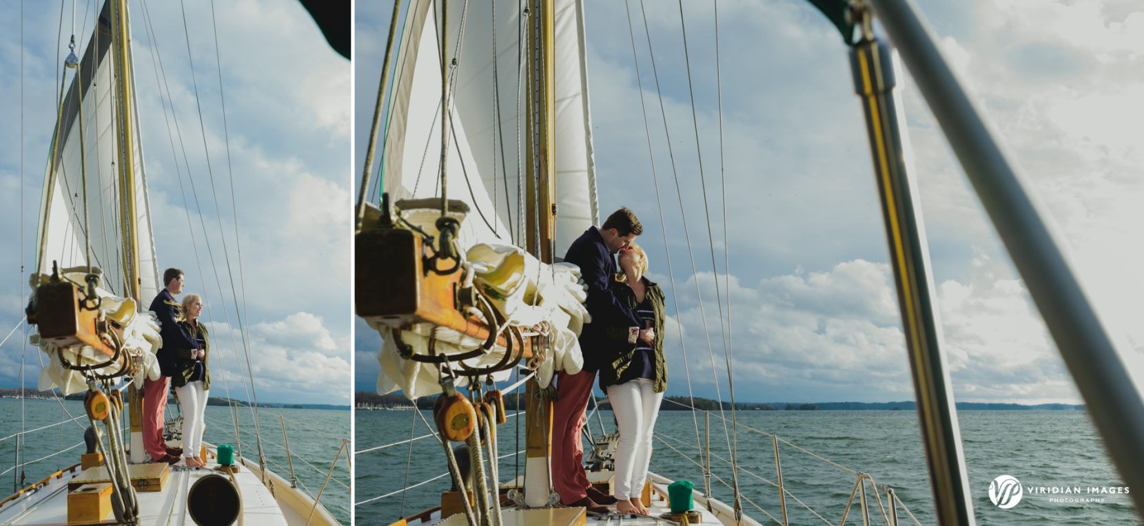 Couple enjoying a kiss as the sun peer through dispersing clouds on sailboat 