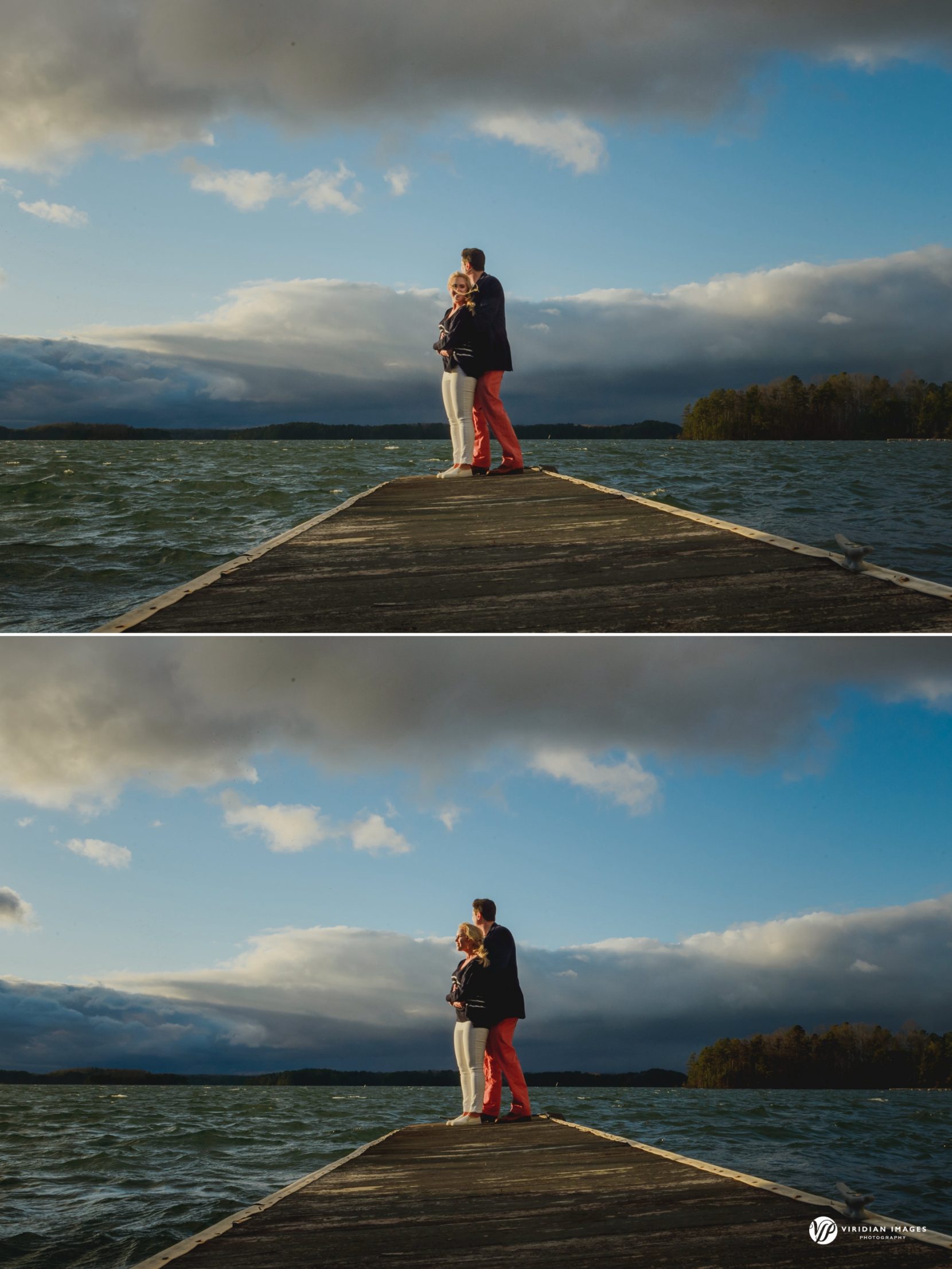 Romantic dockside sunset photo during engagement on Lake Lanier