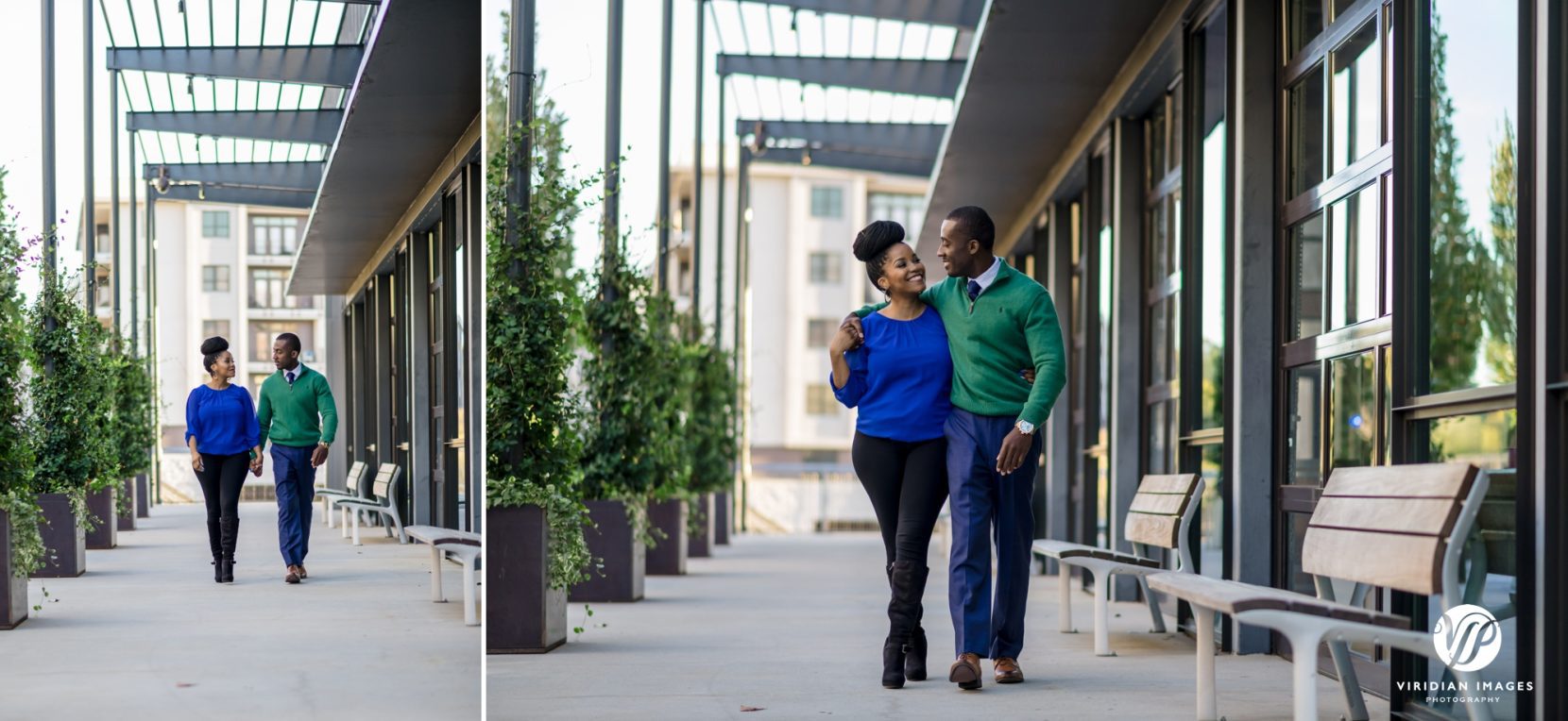 Stylish couple walking side by side in royal blue and green on Atlanta's Beltline