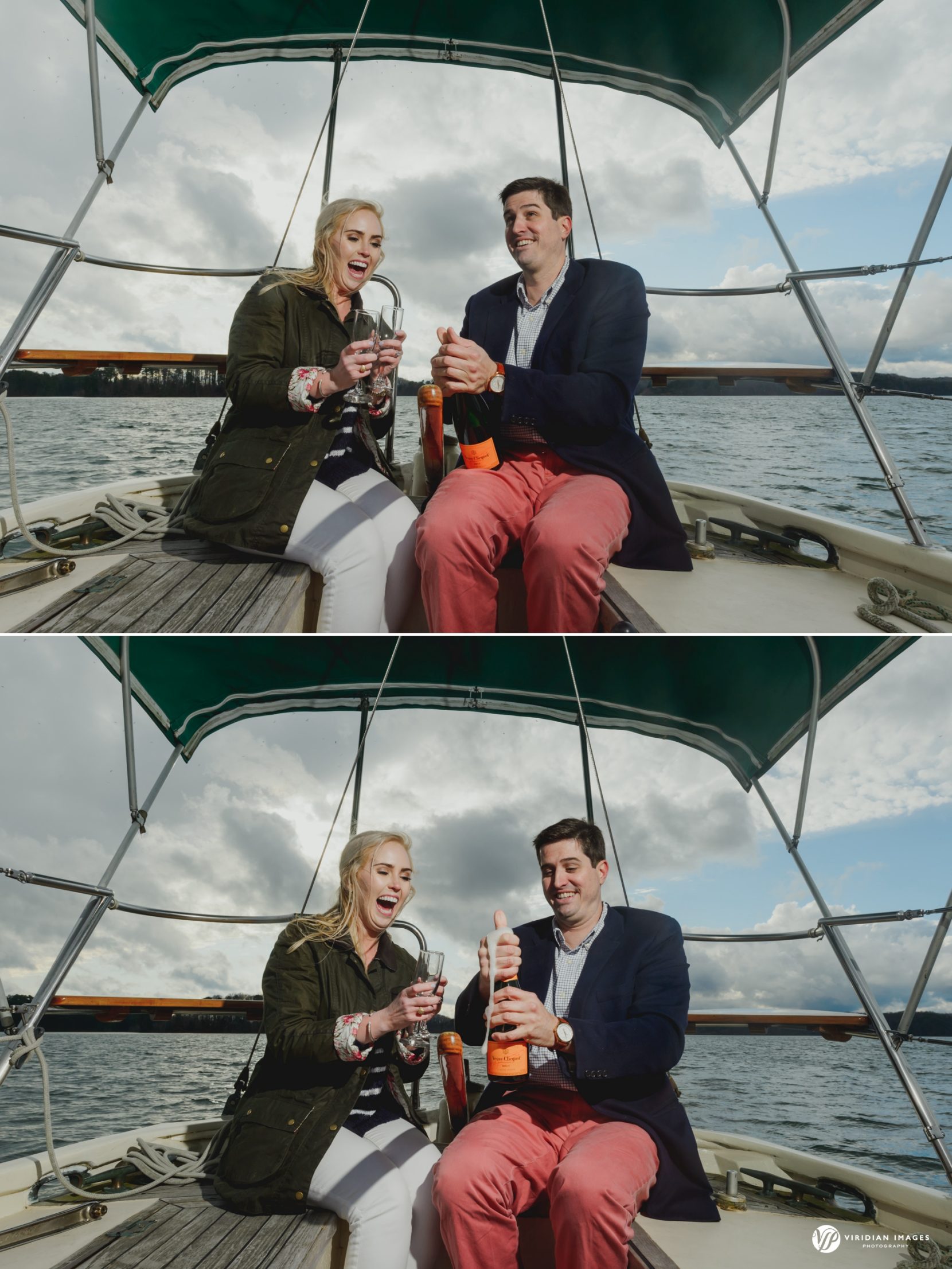 Couple popping champagne on sailboat during engagement session on Lake Lanier
