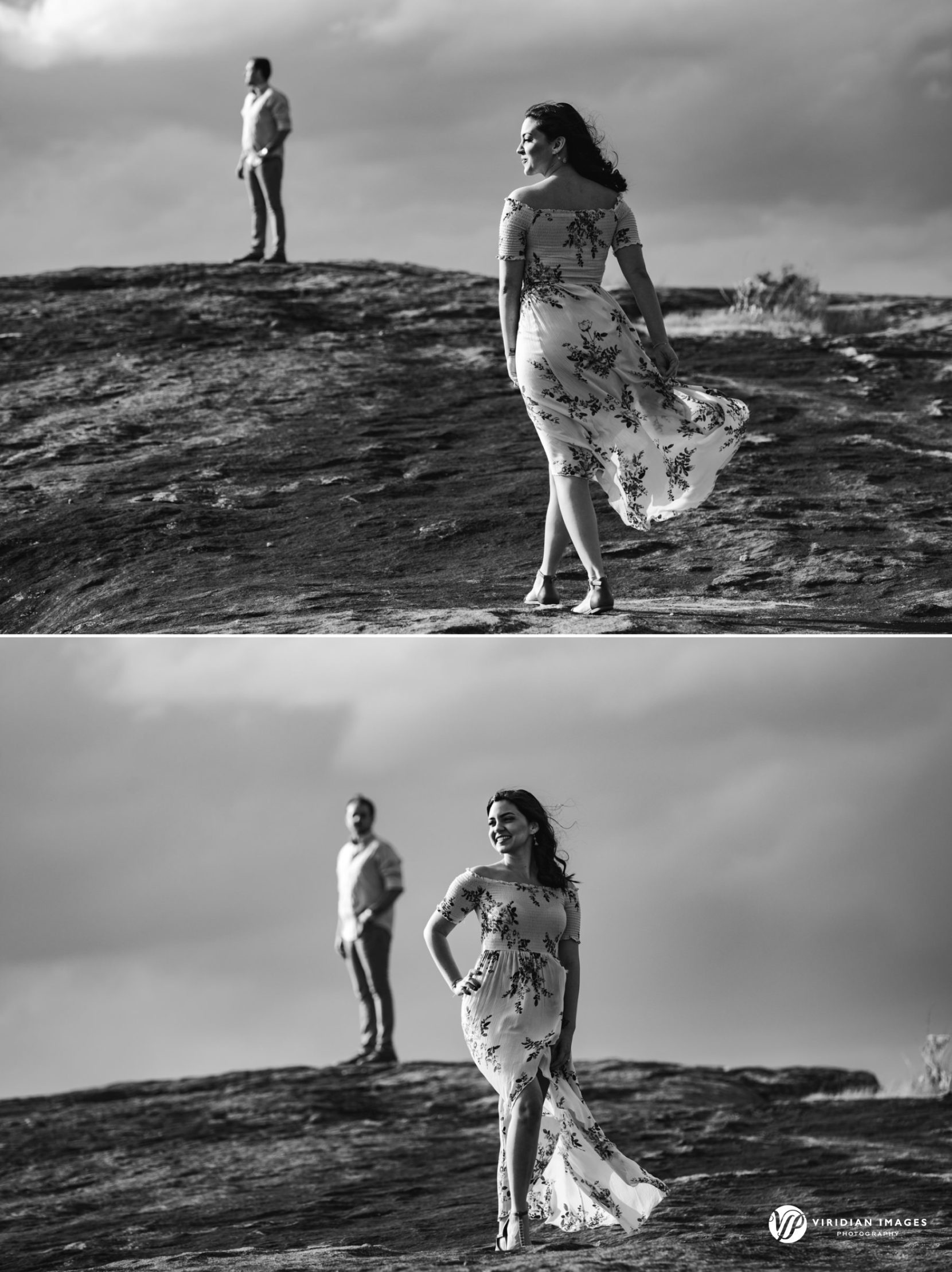 Editorial-style photos during engagement session at top of Mountain