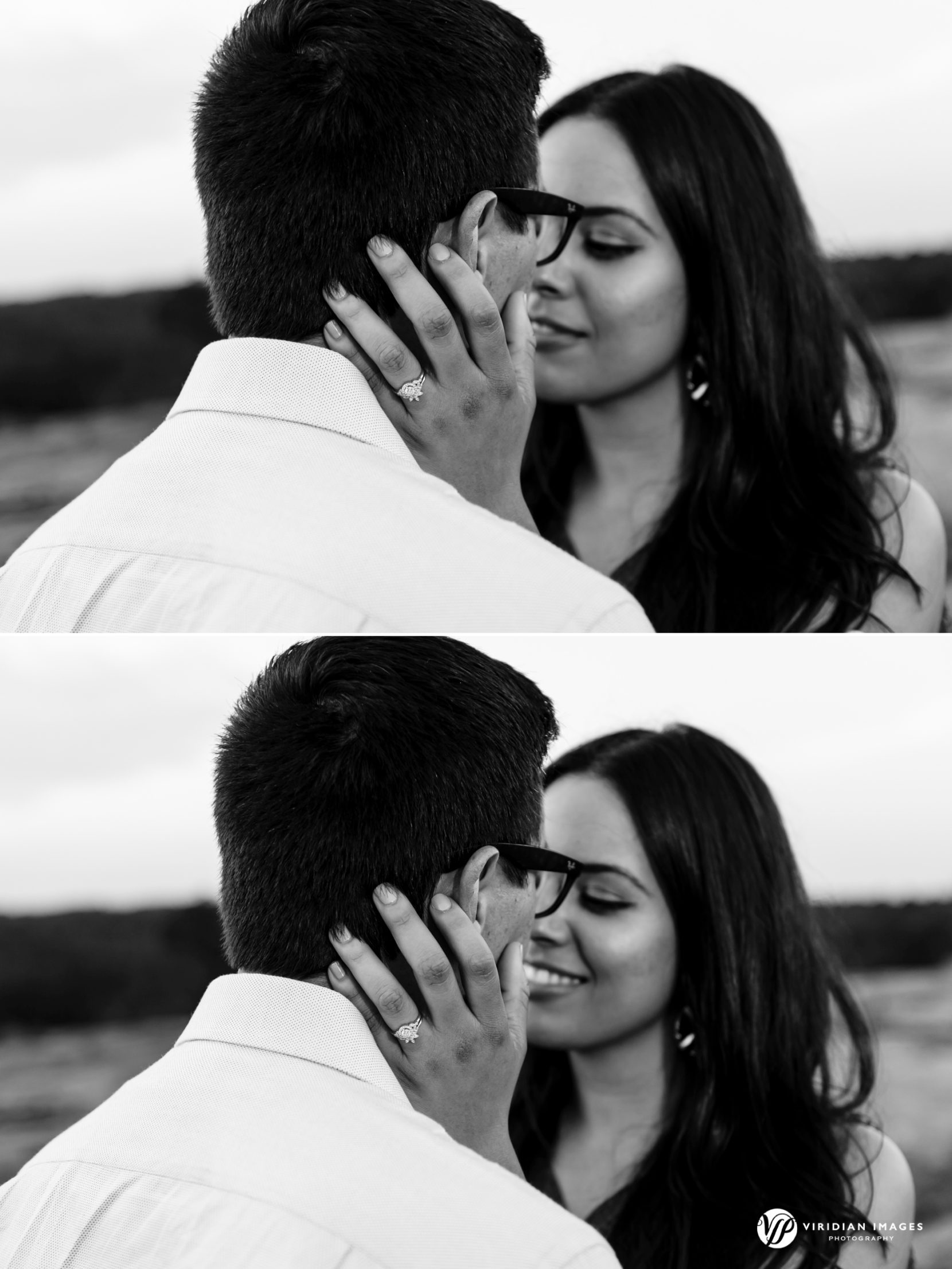 closeup detail of ring while woman smiles at man during engagement session