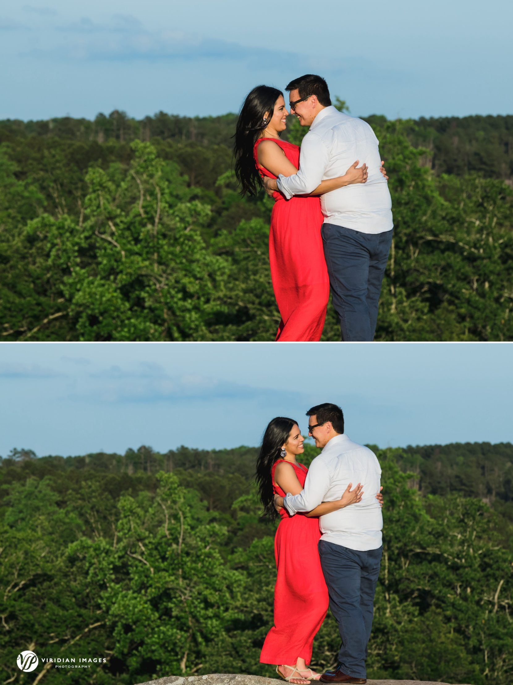 couple hugging atop Arabia Mountain during engagement session