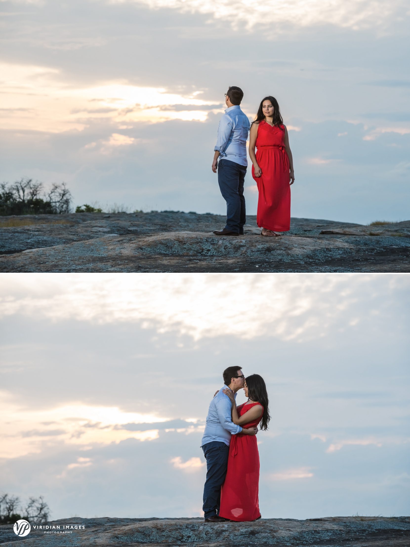 woman in red dress during engagement session on granite mouintain