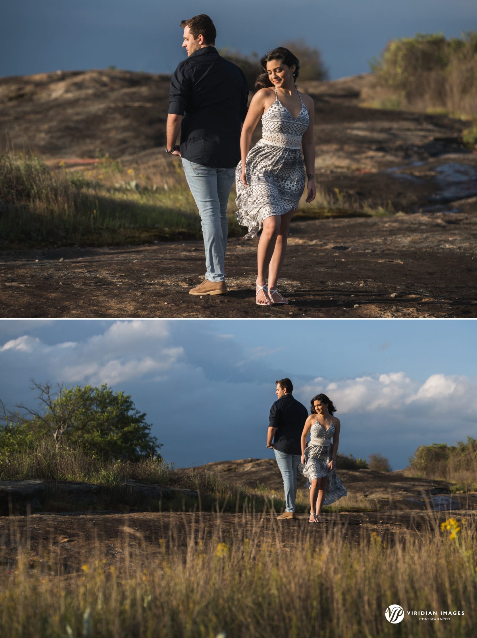 Wind-swept moment and sun drenched light during engagement session 