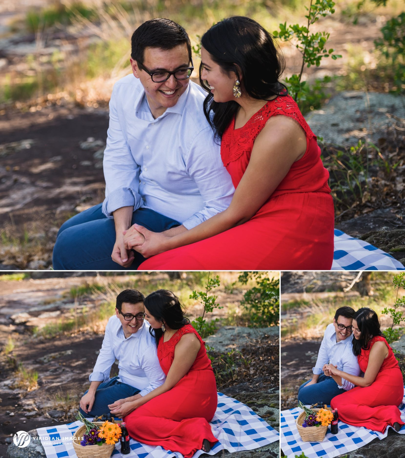 Couple on picnic while on engagement session on Arabia Mountain
