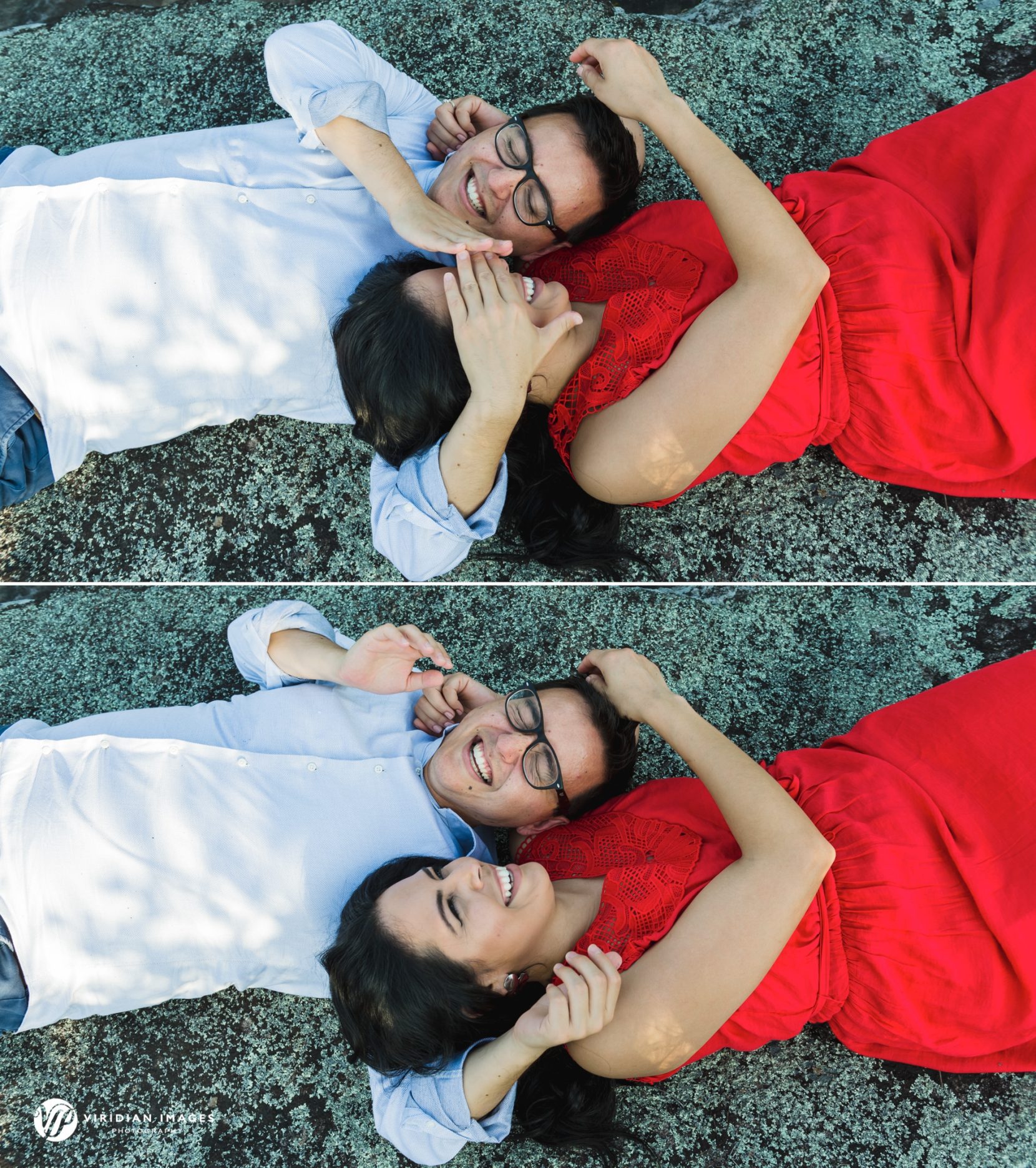 couple playing while lying on granite rock wearing vibrant dress
