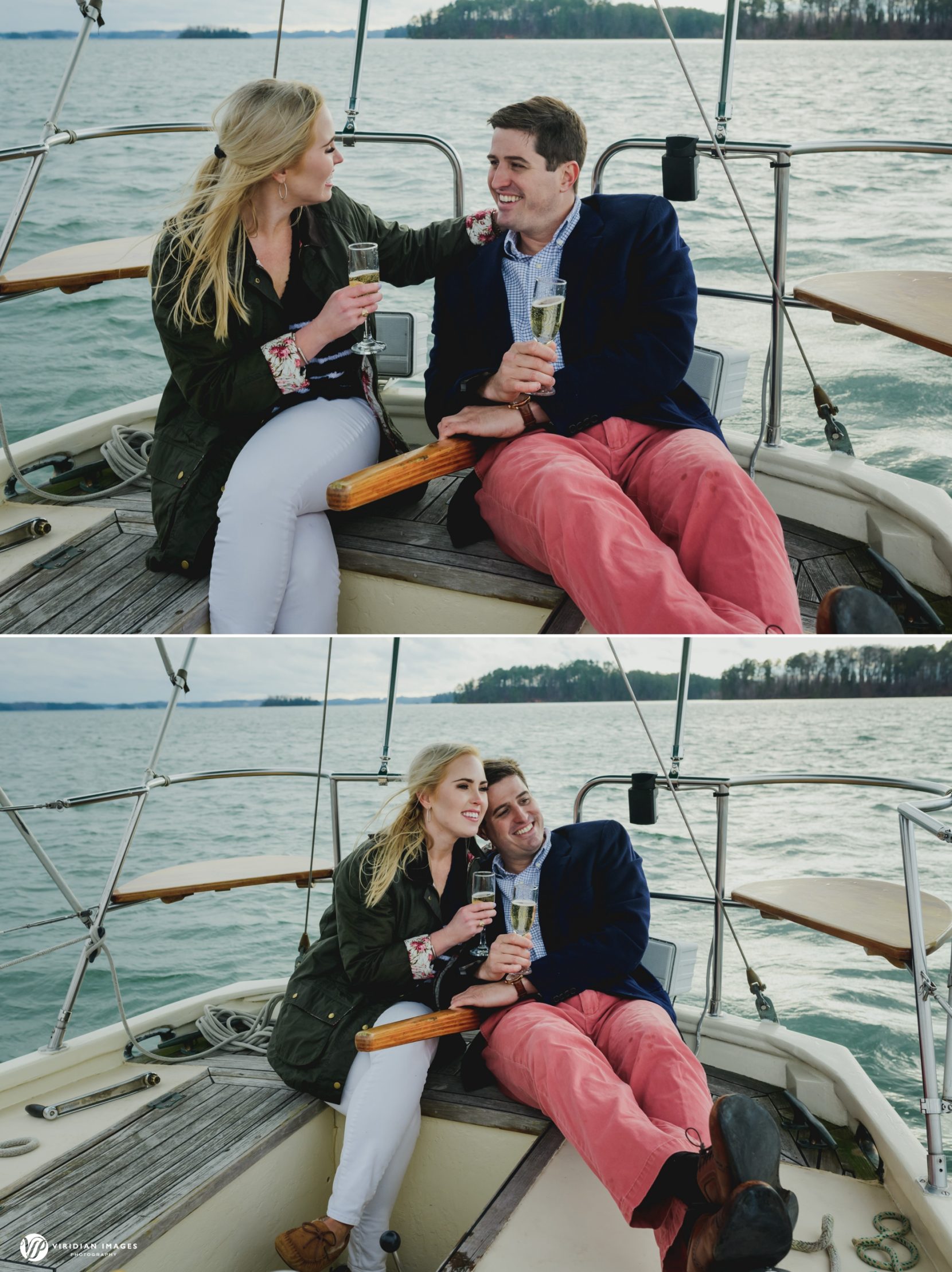Couple relaxing sipping champagne while sailing on Lake Lanier during winter engagement session
