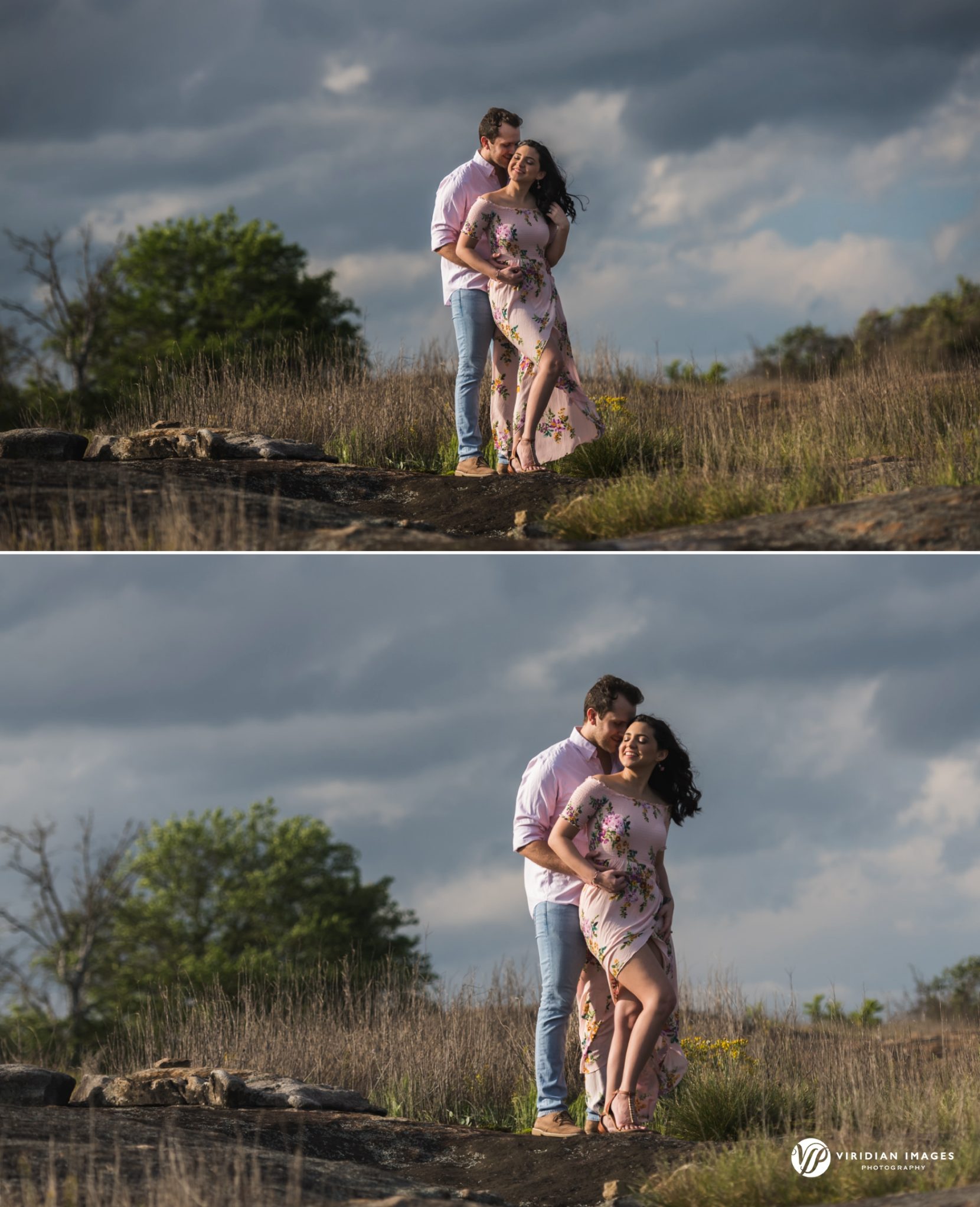 Bride-to-be's dress caught in the wind on a stormy spring day during engagement shoot