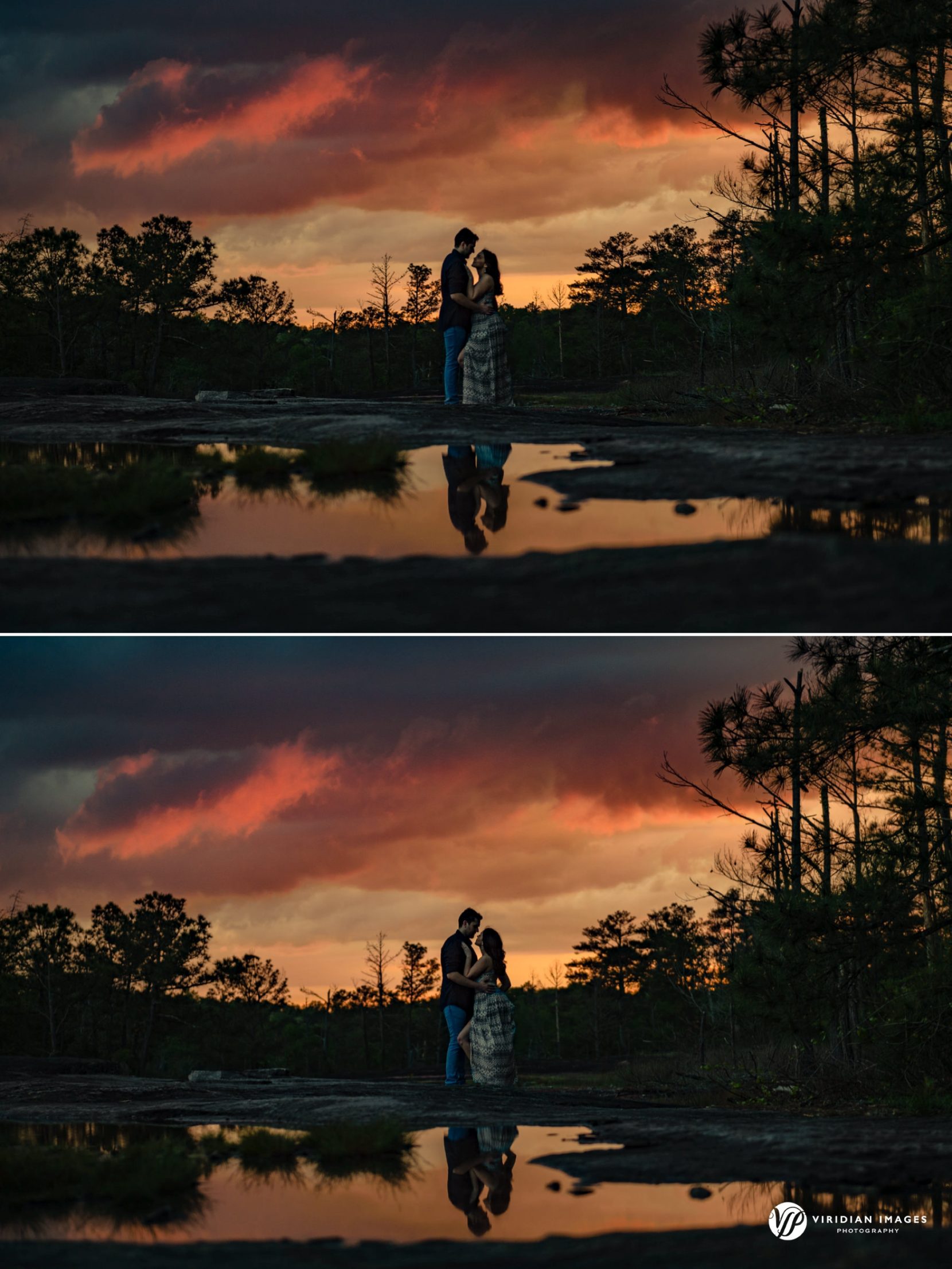Afternoon sun fills storm clouds with couple reflected in nearby pond at Arabia Mountain spring engagement photoshoot