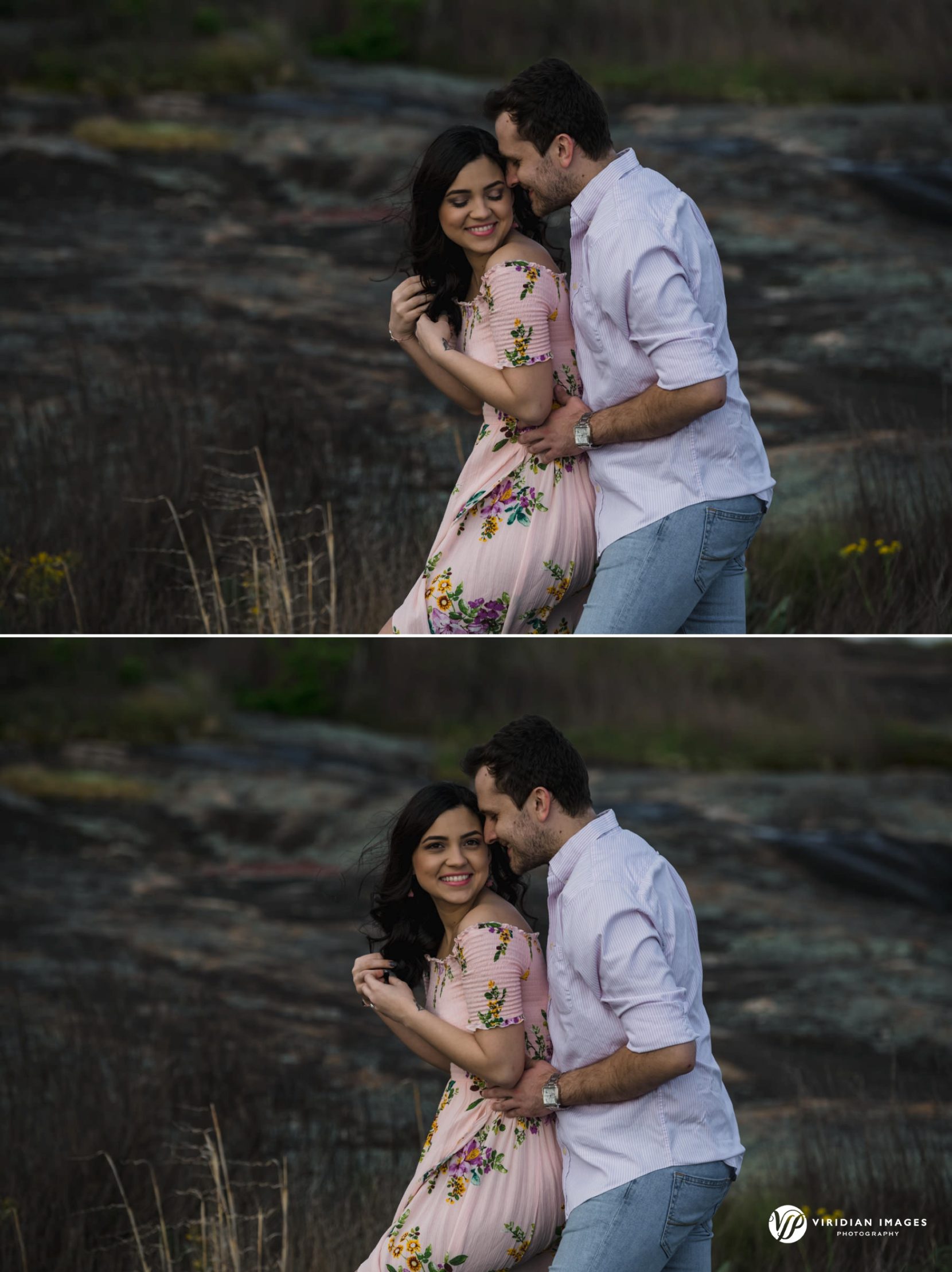 Engaged couple embrace against rocky landscape of Arabia Mountain