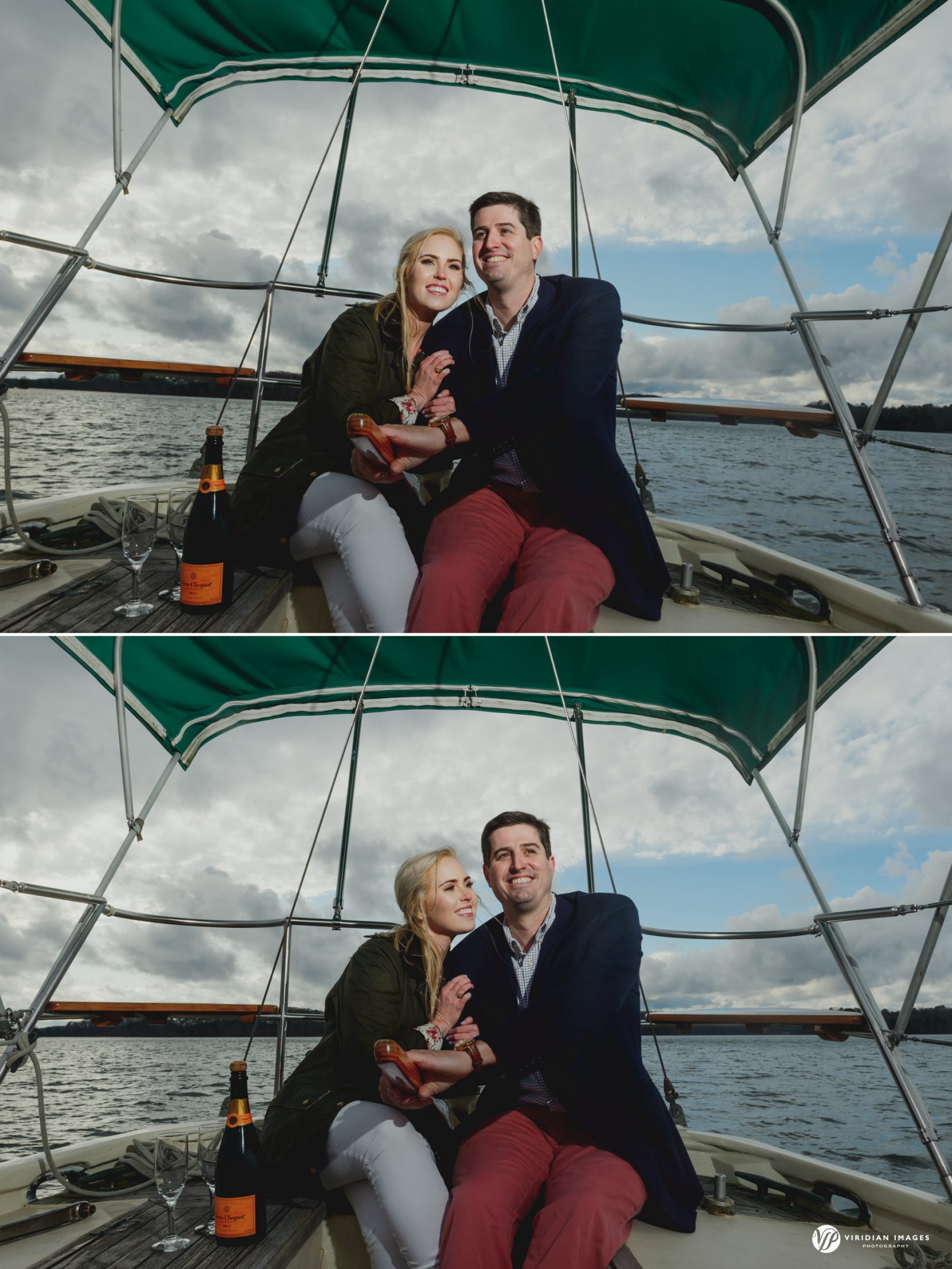 Couple steering sailboat during photoshoot on Lake Lanier